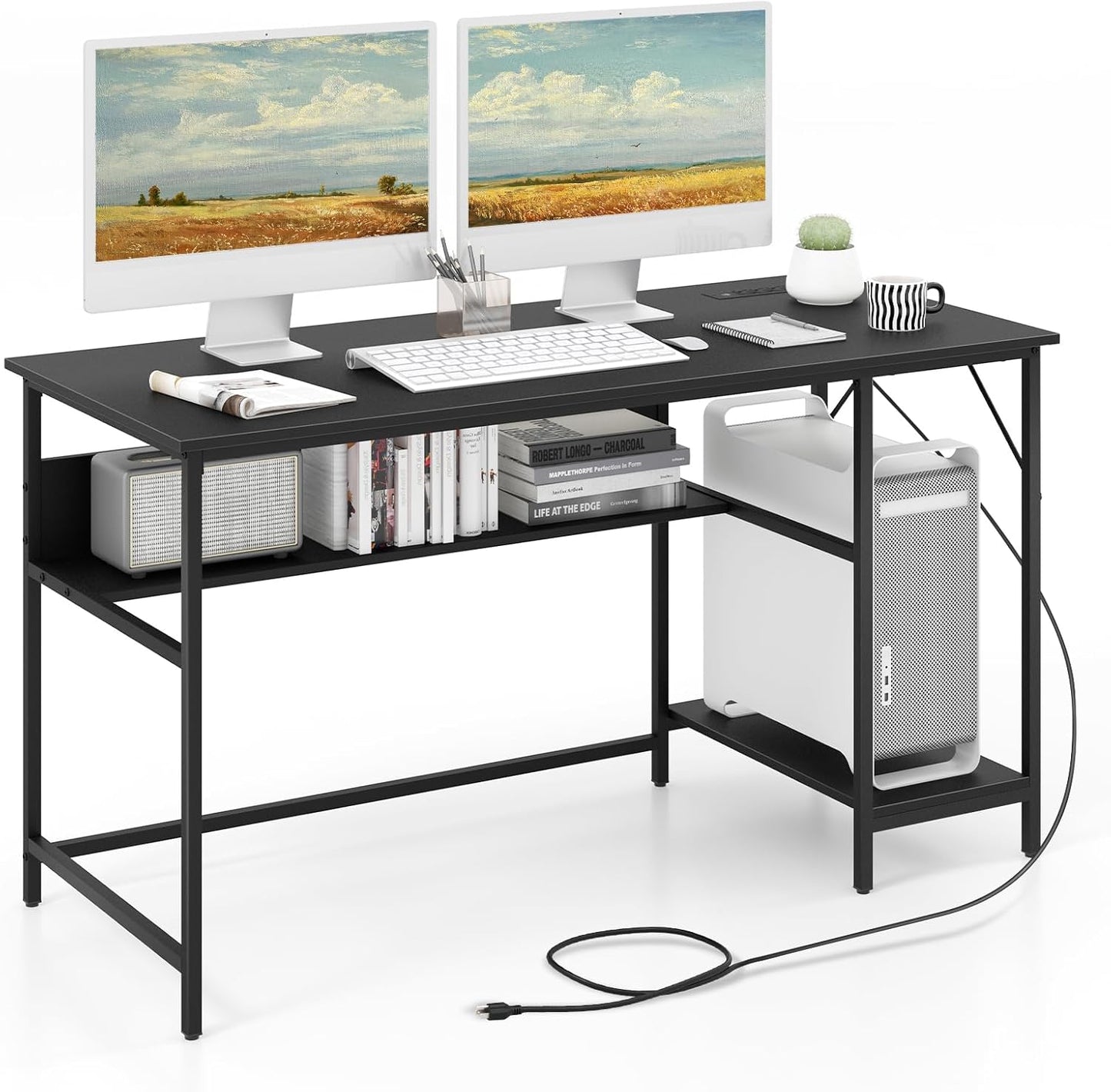 Tangkula 55 Inch Computer Desk with Power Outlets & USB Ports, Home Office Desk with Built in Charging Station with Switch, Computer Workstation Writing Study Desk with Storage Shelf & CPU Stand