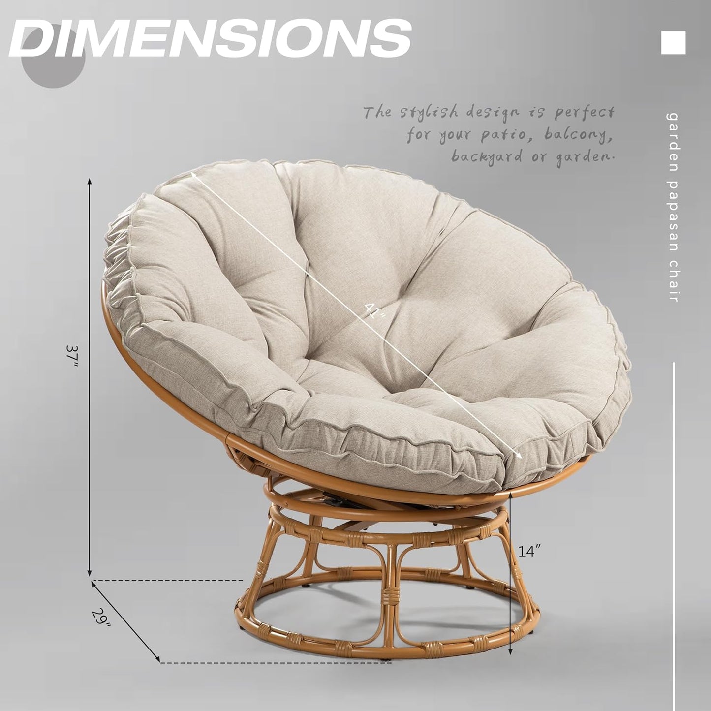 41" Papasan Chair with Cushion and 360 Degree Swivel Base, Papasan Lounge Chair with Cushion and Sturdy Frame, Large Saucer Chair, Circle Chair, Round Chair, Bronze/Beige