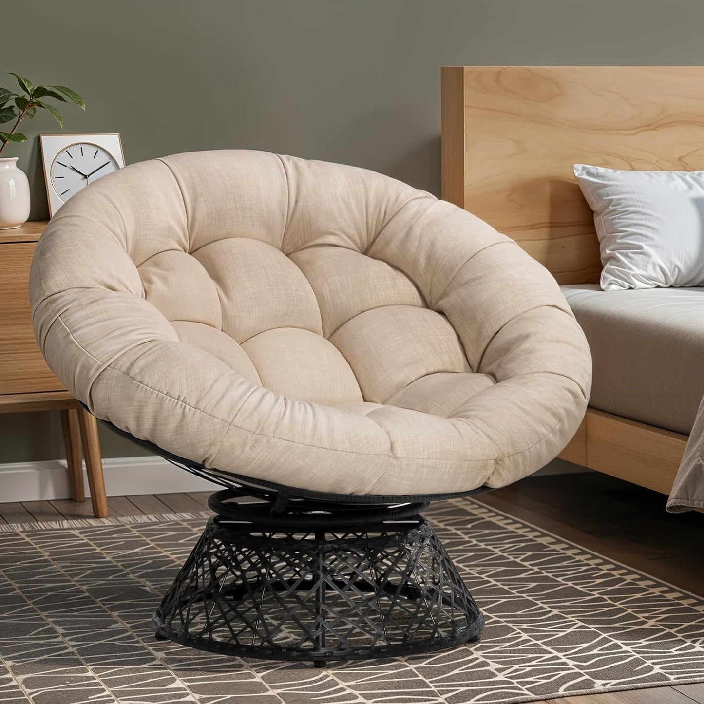 Bme 40" Ergonomic Wicker Papasan Chair with Soft Thick Density Fabric Cushion, High Capacity Steel Frame, 360 Degree Swivel for Living, Bedroom, Reading Room, Lounge, Silver Cloud - Black Base