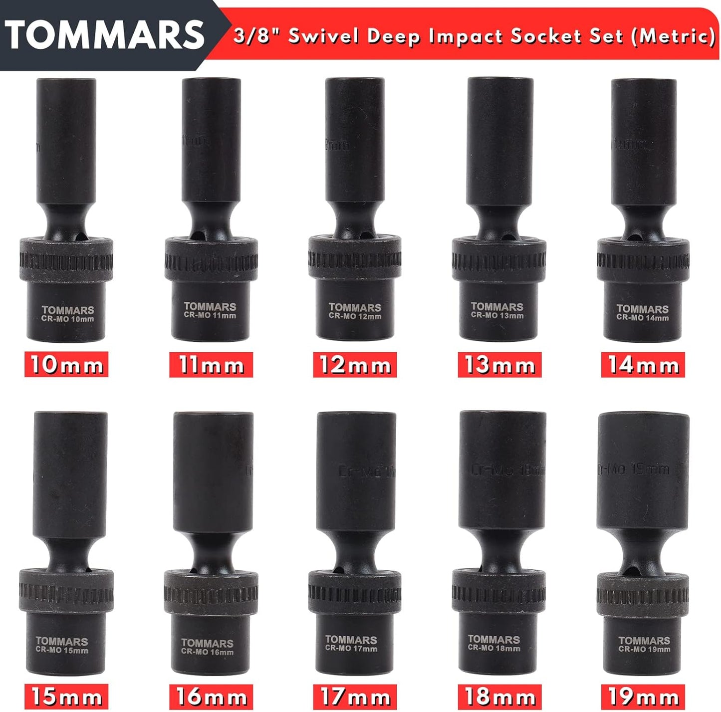 TOMMARS 3/8" Drive Universal Swivel Impact Socket Set Deep, 6 Point Wobble Flexible Socket Set Metric 10-19 mm CR-MO Steel