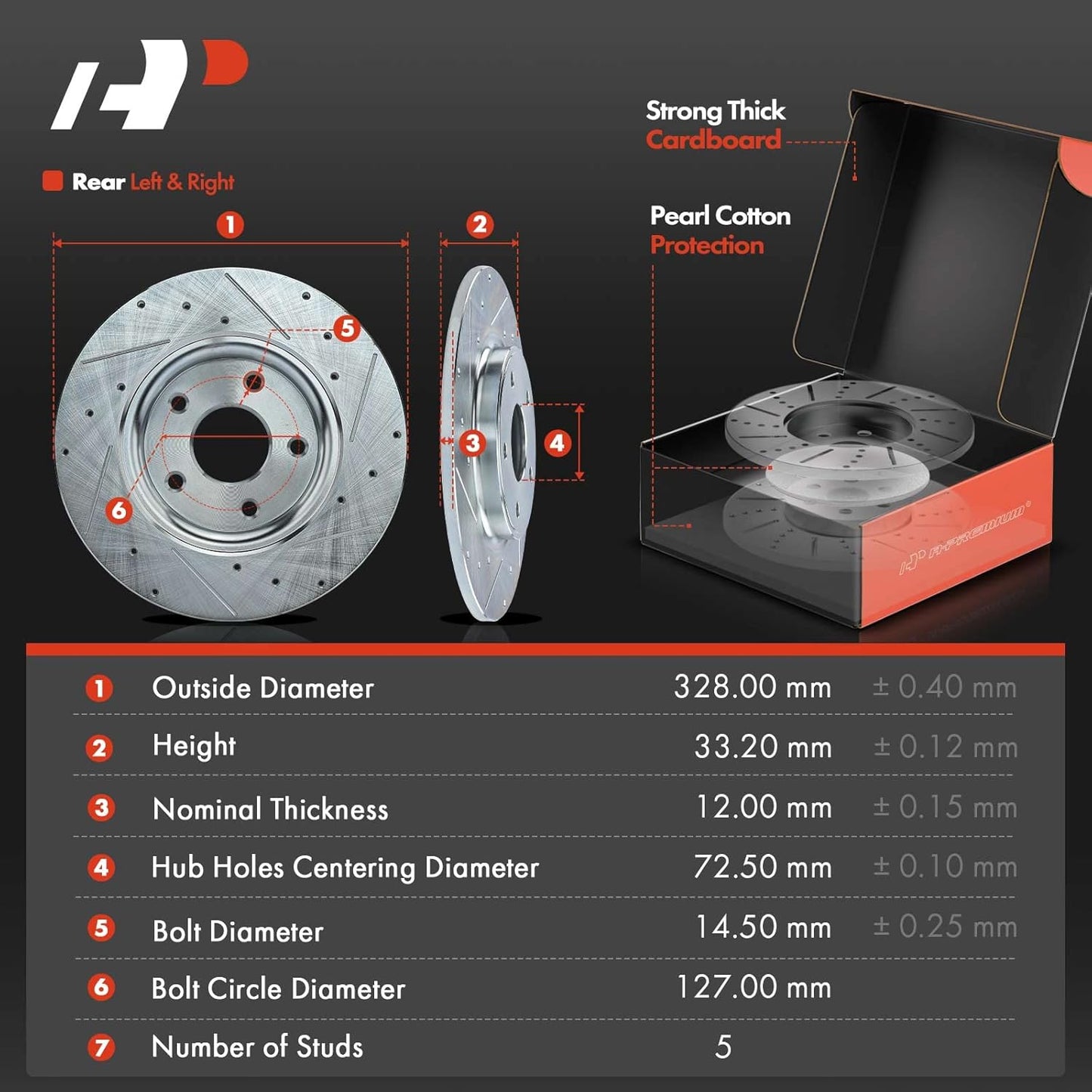A-Premium 12.91 inch(328 mm) Rear Drilled and Slotted Disc Brake Rotors + Ceramic Pads Kit Compatible with Select Dodge, Chrysler, Volkswagen and Ram Models - Grand Caravan, Town & Country, Journey