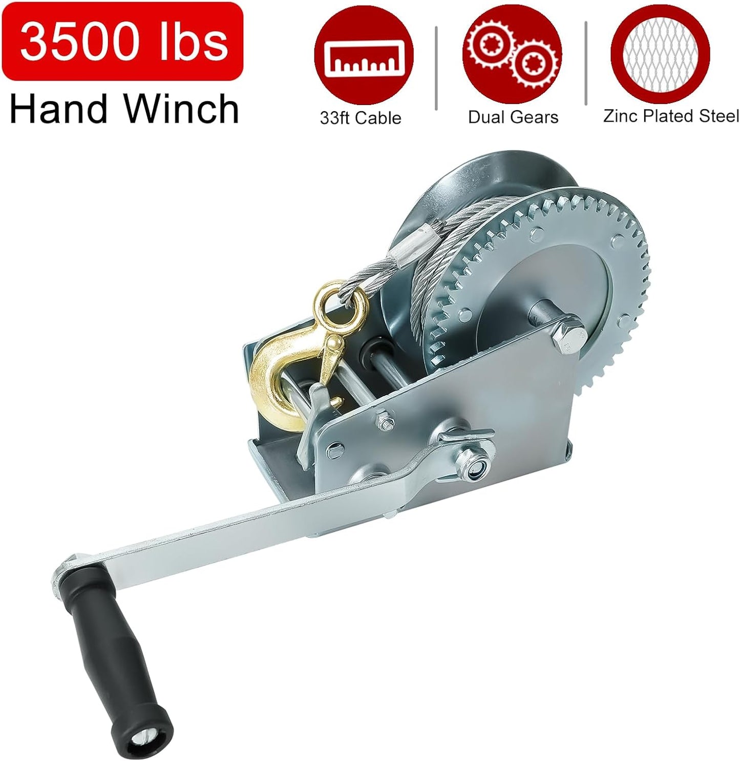 BLACKHORSE-RACING 3500 lbs Hand Winch with 33FT Cable, Hardened Steel 2 Gear Manual Crank Winch for ATV RV Boat Trailer Truck Marine Winch Heavy Duty Hand Crank Winch with Hook