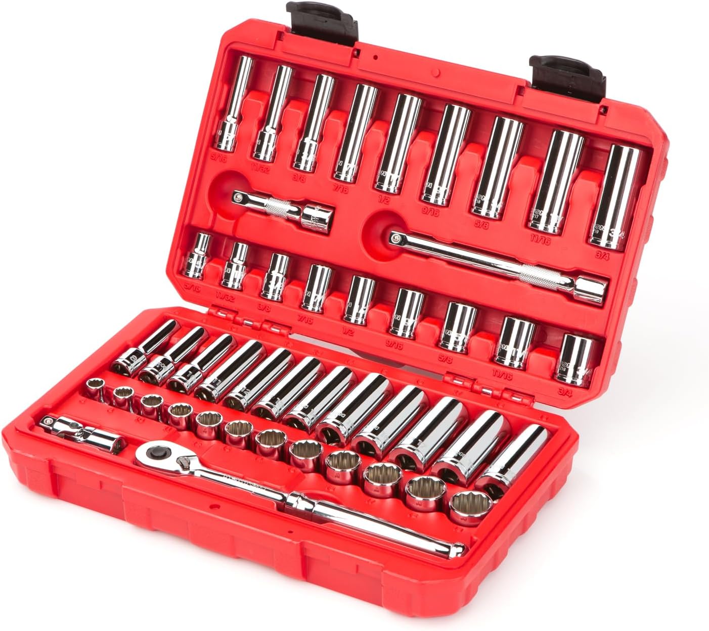 TEKTON 3/8 Inch Drive 12-Point Socket and Ratchet Set with Case, 46-Piece (5/16-3/4 in., 8-19 mm) | SKT15302