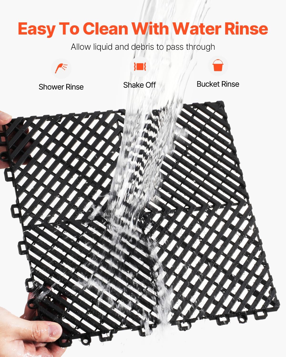 VEVOR Interlocking Drainage Mat, 12” x 12” Modular Interlocking Cushion, 50 Pcs Splicing Drainage Mats, Non-Slip Black PP Drainage Floor Tile and Shower Mat, for Garage, Garden, Kitchen & Outdoor