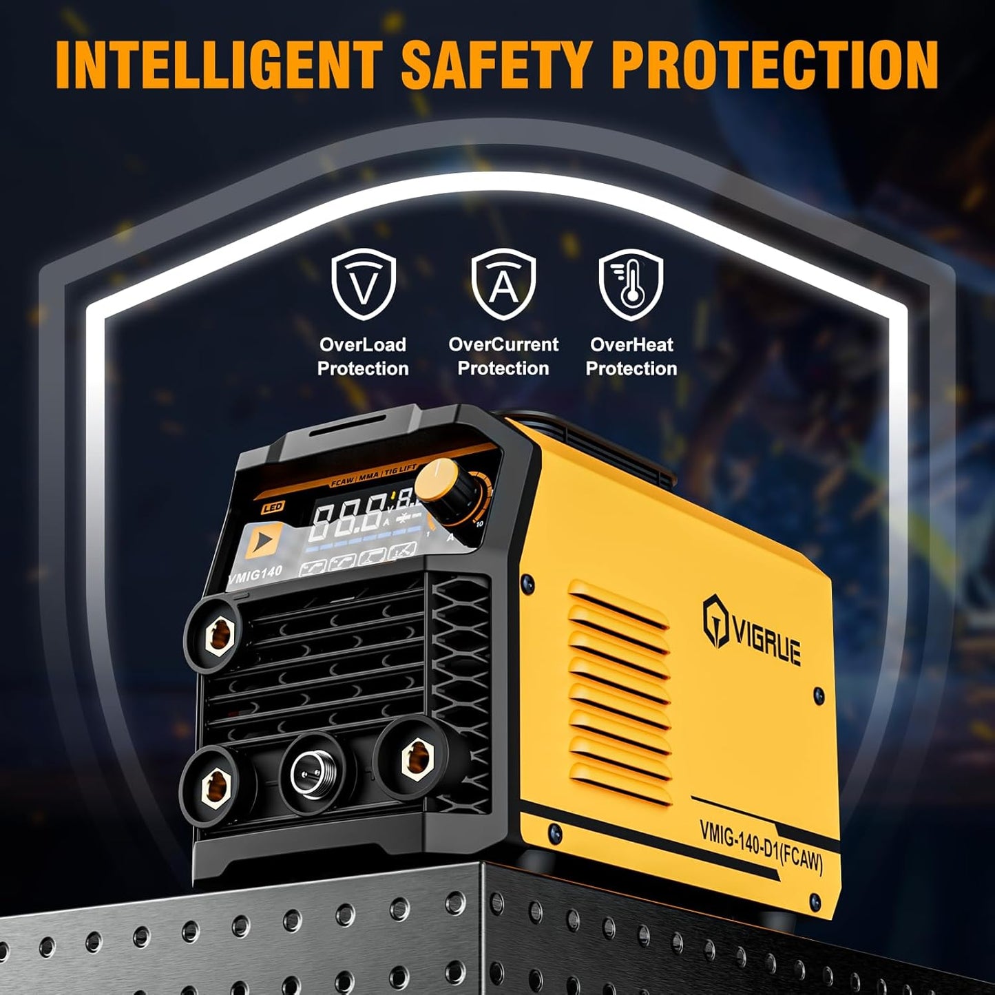 VIGRUE 140A MIG Welder, 110V IGBT Inverter Welder, Flux Core MIG/Lift TIG/Stick/MIG 3 in 1 Welding Machine with Synergic Control, LED Display & Full Kit (Welder Helmet, Gloves)