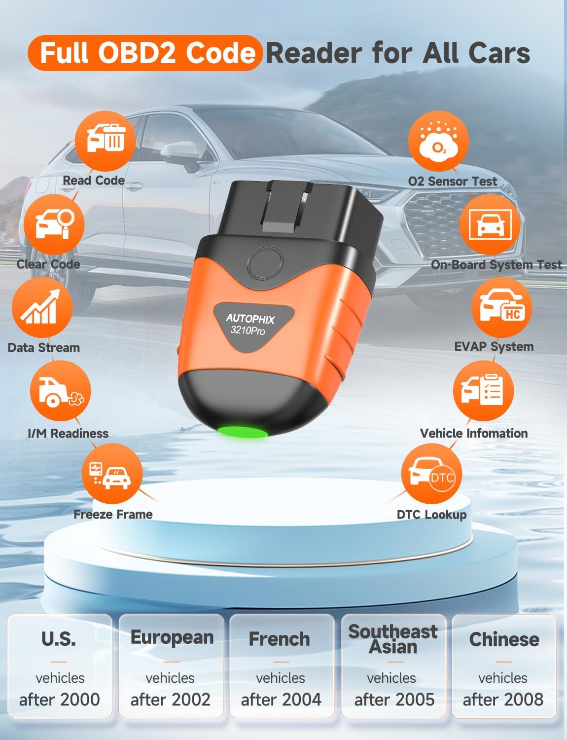 AUTOPHIX 3210 Pro OBD2 Scanner Bluetooth, ABS SRS Transmission Airbag Scanner, Check Engine Light Code Reader, Wireless Car Scan Tool Diagnostic Scanner with Battery Test, Works with iOS & Android