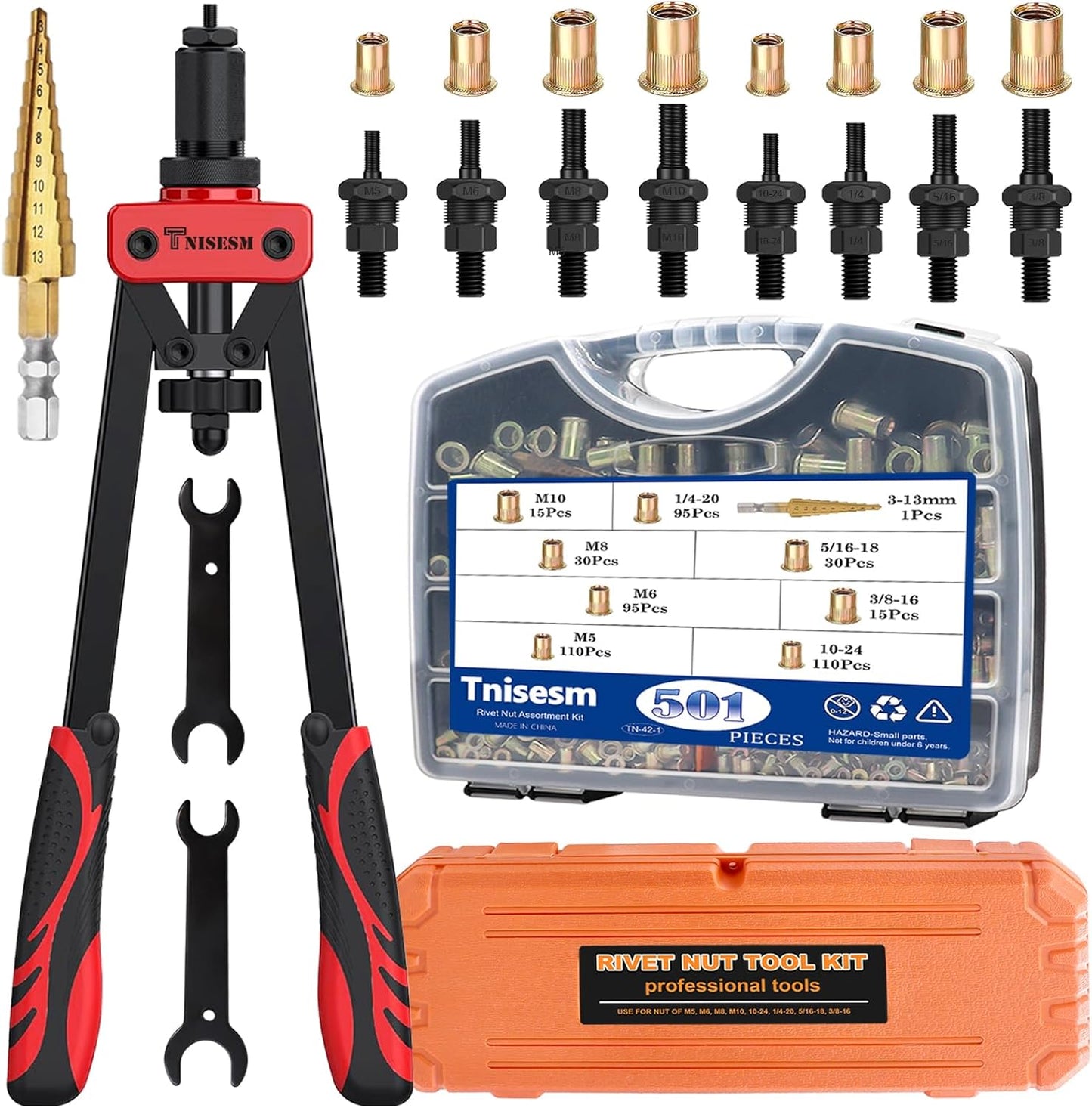 Tnisesm Rivet Nut Tool Kit with 501Pcs Rivet Nuts(10-24,1/4-20, 5/16-18, 3/8-16, M5, M6, M8, M10) 8Pcs Metric & SAE Mandrels, Step Drill Bit and Rugged Carrying Case Nutsert Tool Kit