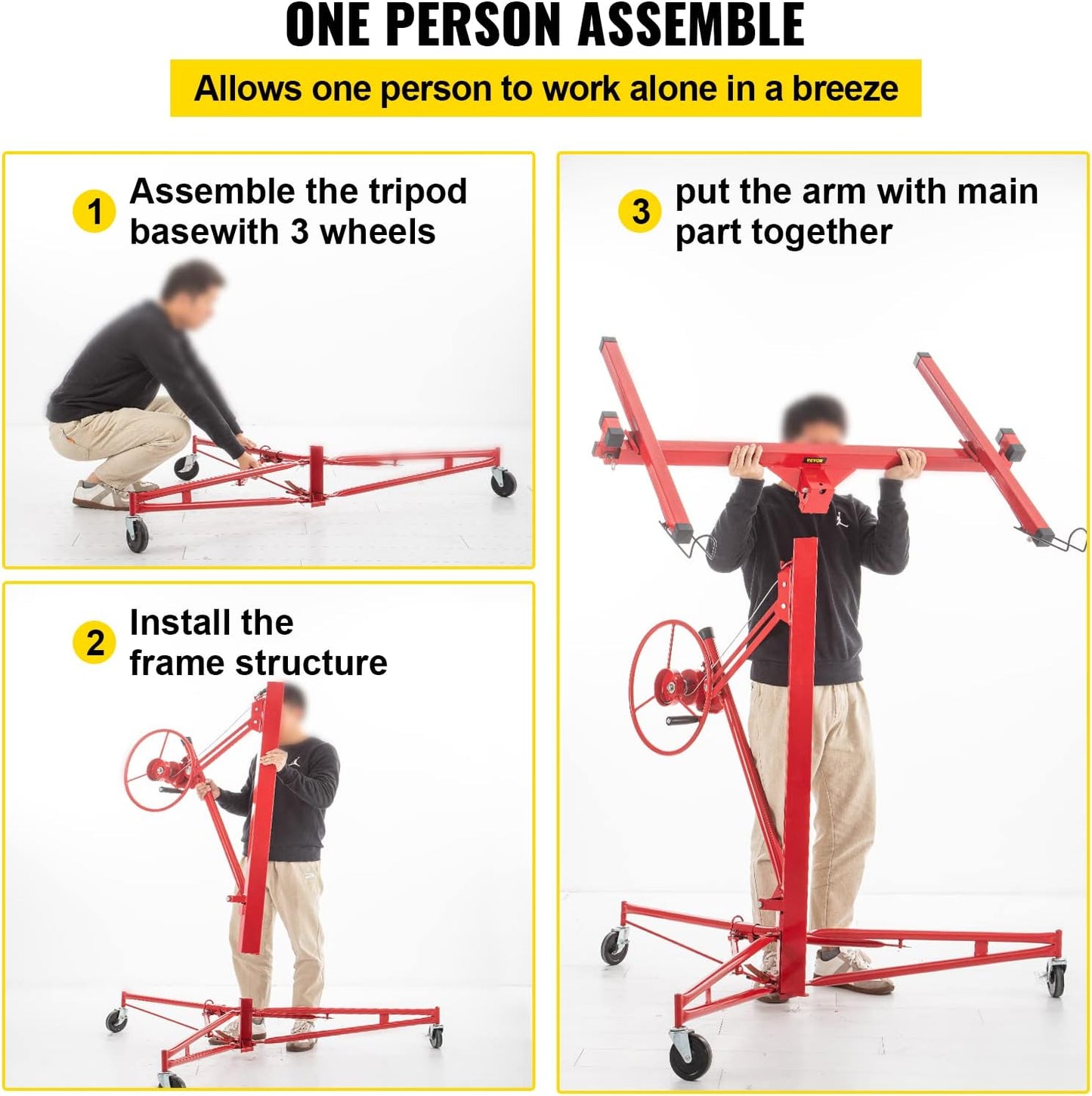 VEVOR Drywall Lift Sheetrock Lift 11FT, Drywall Rolling Lifter Panel, 150lb Weight Capacity Panel Hoist Jack Tool, Steel Material w/Telescopic Arm & 3 Lockable Wheels, 48x192 in Plasterboard Size