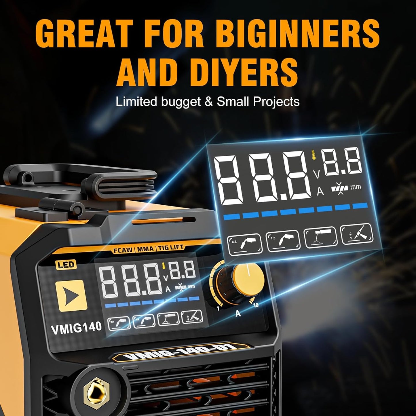 VIGRUE 140A MIG Welder, 110V IGBT Inverter Welder, Flux Core MIG/Lift TIG/Stick/MIG 3 in 1 Welding Machine with Synergic Control, LED Display & Full Kit (Welder Helmet, Gloves)