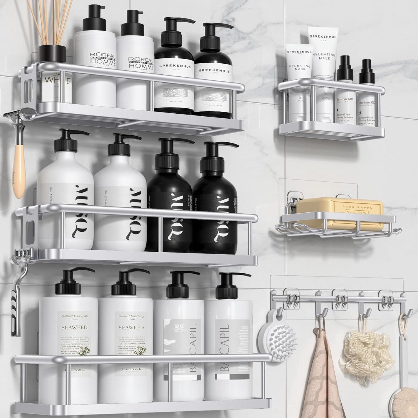 YASONIC Shower Caddy, 100% Rustproof Shelves for Inside Shower, No Drilling Bathroom Organizers and Storage, 6 Pack Large Capacity Bathroom Caddy for Kitchen & Home Decor