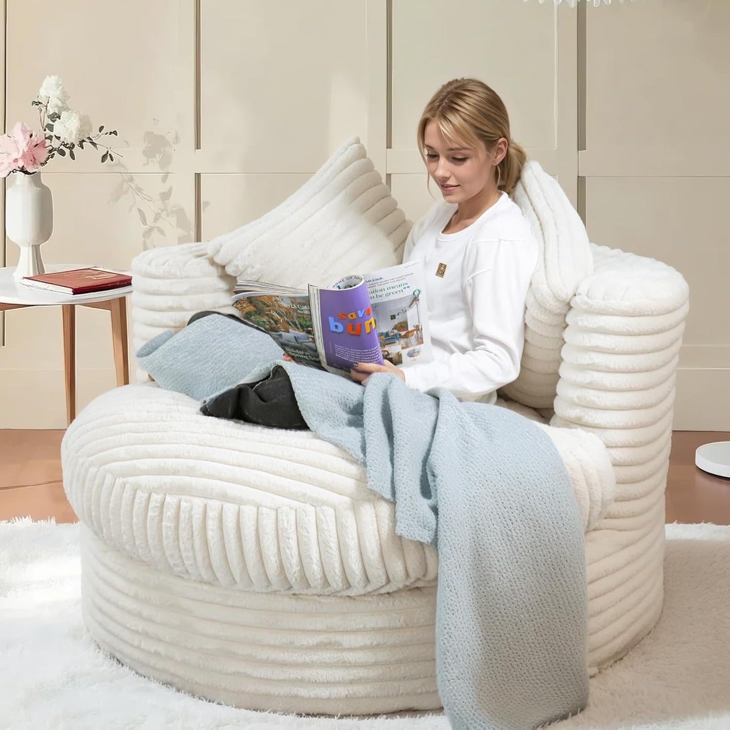 47" Round Chaise Lounge Chair Indoor for Adults, Corduroy Boneless Oversized Chair for Living Room Comfy Bean Bag Sofa