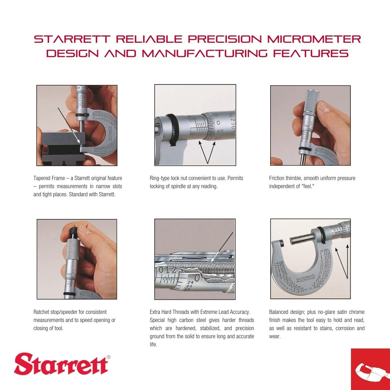 Starrett Outside Micrometer with One-Piece Spindle, Satin Chrome Finish and Advanced Sleeve Design - Quick and Easy Adjustment, 0-1" Range, .001" Graduation - 436.1XRL-1