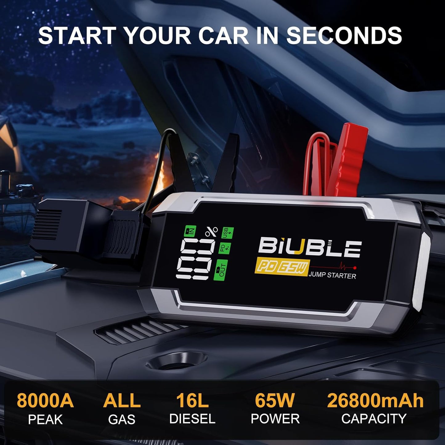 8000A Jump Starter with PD 65W Fast Charging, 26800mAh Car Battery Jump Starter (All Gas/16L Diesel), 12V Battery Jumper Starter Portable, Jump Box Jump Pack with 3 Modes Flashlight