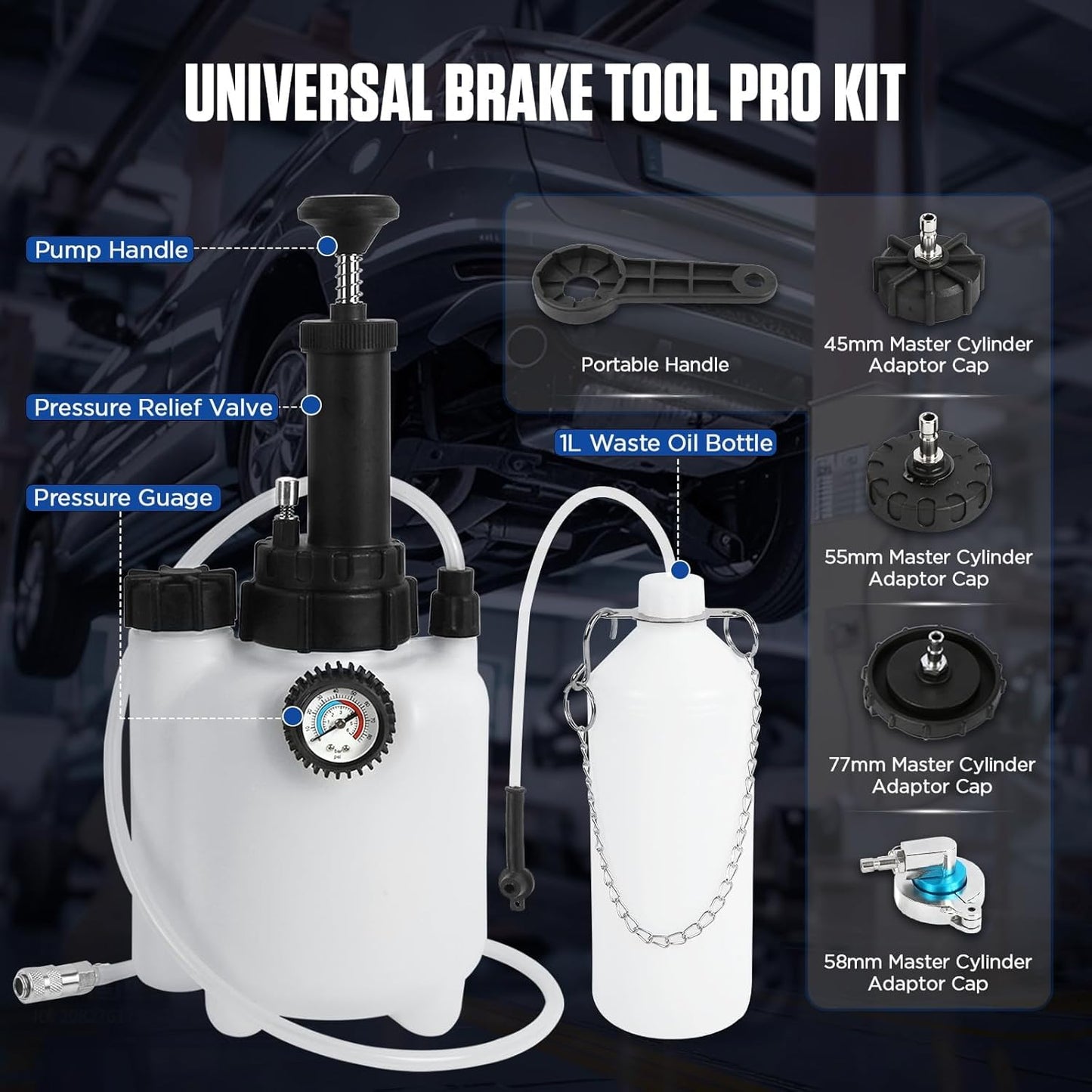 3L Manual Brake Bleeder Fluid Pump, One Person Brake Fluid Extractor with 1L Extractor Bottle&5 Master Cylinder Adapters Compatible with Toyota, Lexus, BMW,Chrysler, Dodge, Jeep, Nissan, Ford ,GM etc