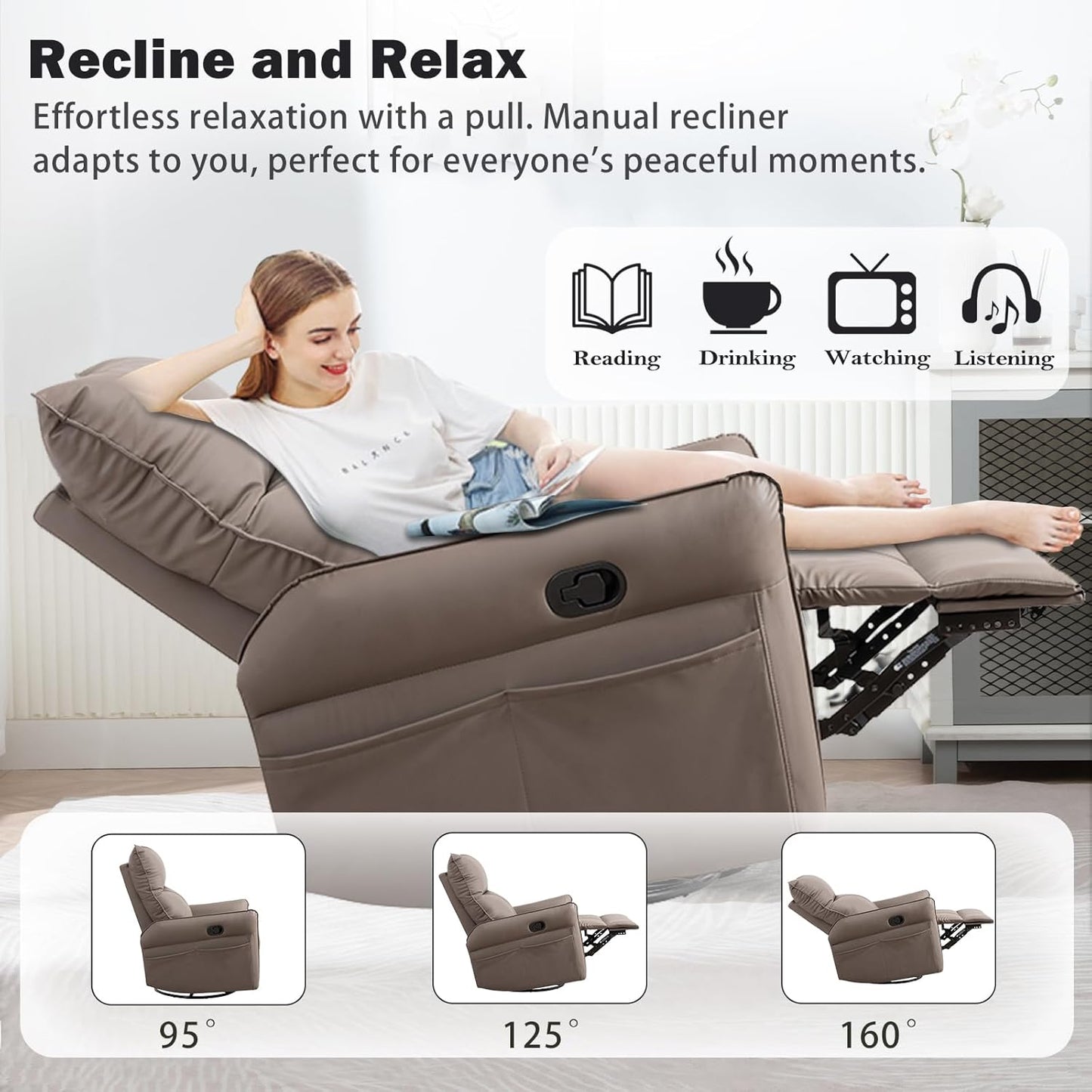 Swivel Rocker Recliner Chair, Modern Faux Leather Manual Recliner, Glider Recliner, 360 Swivel, 30 Rocking, Relaxing, Living Room, Bedroom