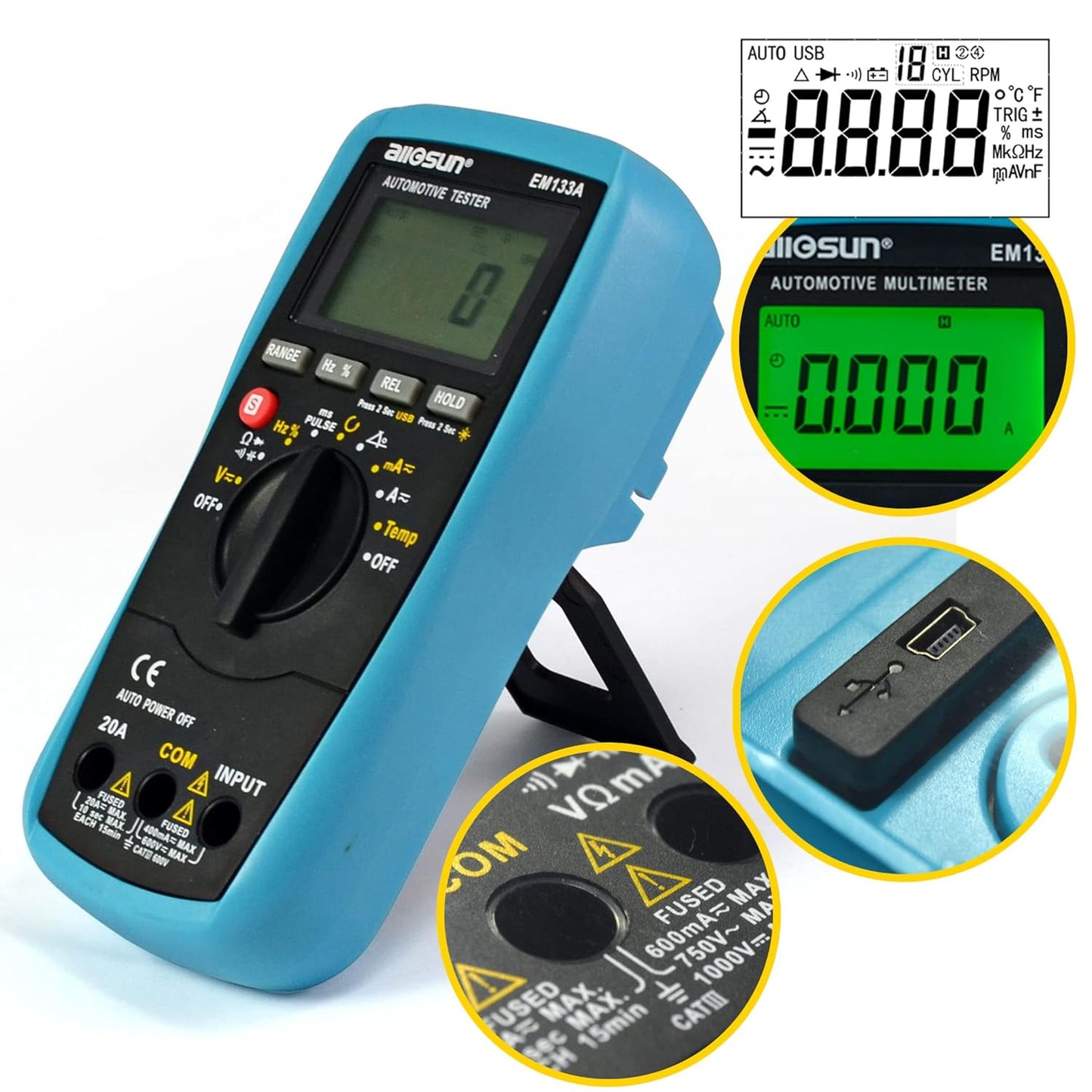 allsun Automotive Dwell Meter Digital Multimeter Autoranging TRMS 5999 Counts ACA/DCA Max.20A for RPM Dwell Angle Pulse Width Tach Temperature Duty Cycle Data Hold Test,Meter to PC