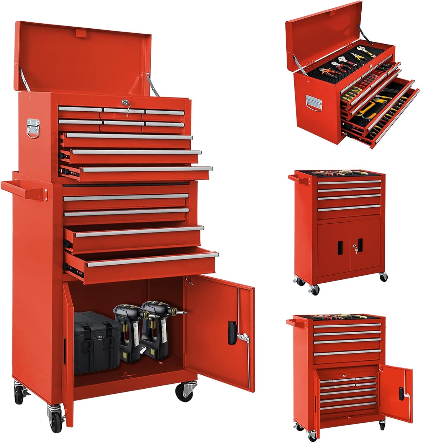 13-Drawer Double Door Rolling Tool Chest, 2 in 1 Detachable Tool Chest,Tool Box with Drawers and Wheels, Large Tool Cabinet with Lock, Metal Standing Toolbox for Garage Workshop-Blue