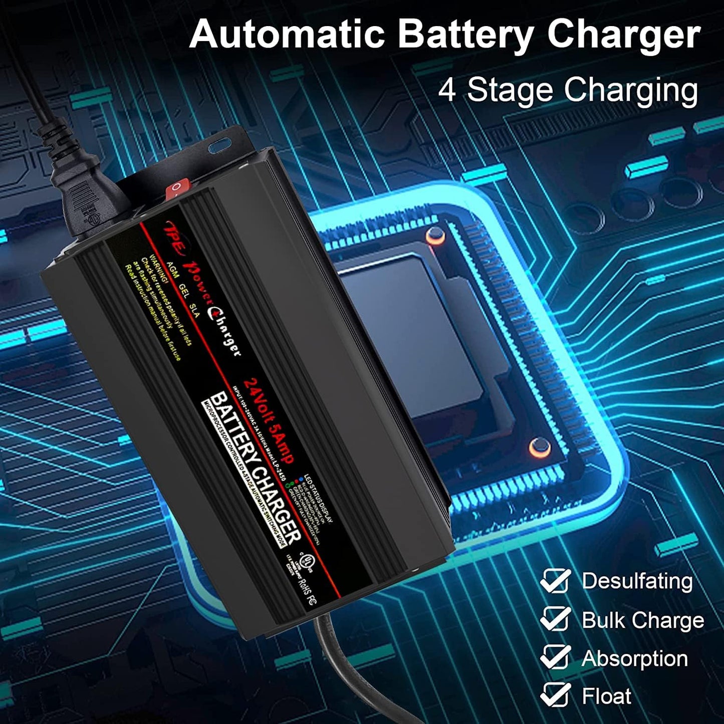 TPE 24V 5A Battery Charger, Automatic Smart Battery Charger, Trickle Charger Maintainer for Wheelchair