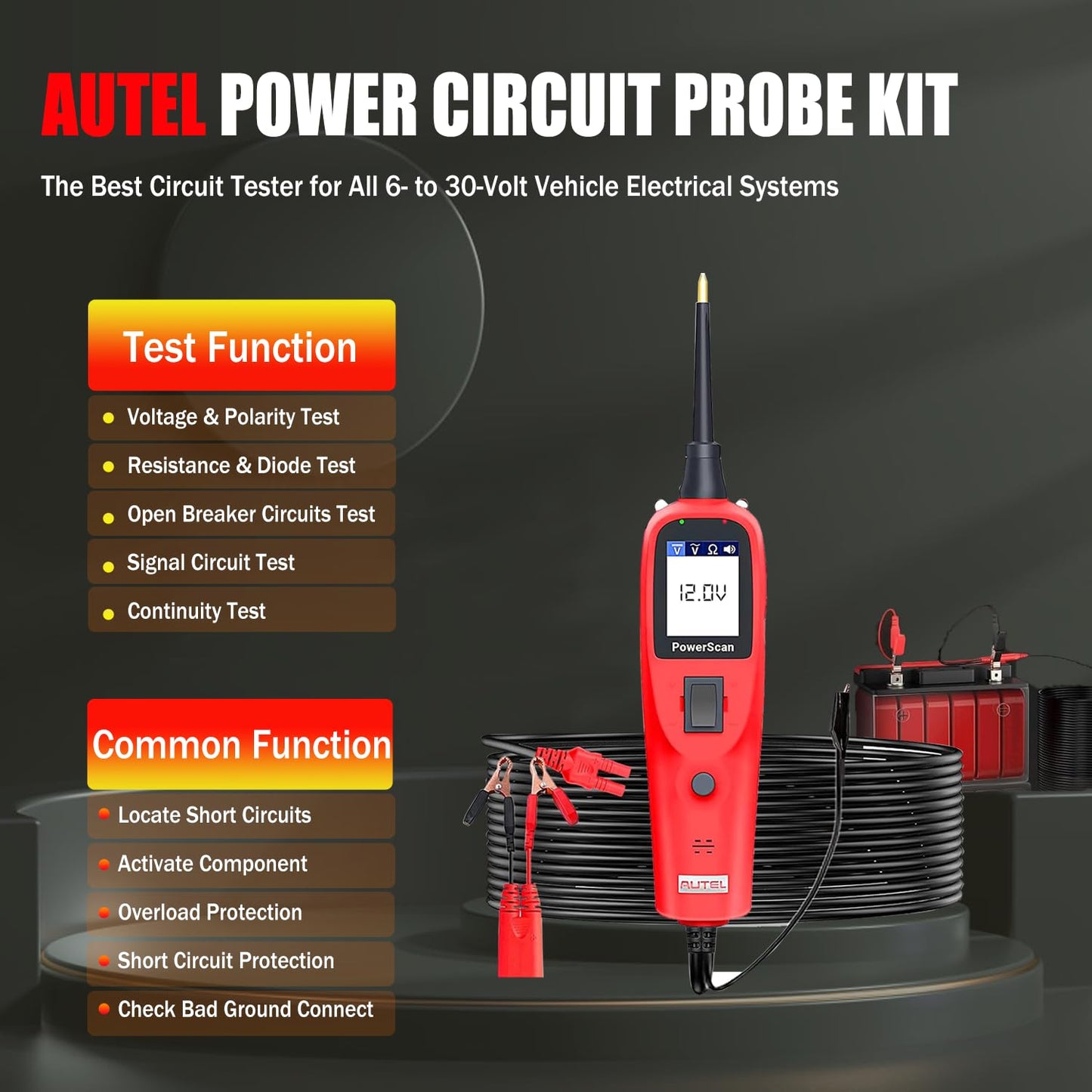 Autel PowerScan PS100 Power Circuit Probe Scan Tool Automotive Circuit Tester, Read AC DC Resistance 12-24V Electrical Short/Open Circuit Finder, Relay Tester with 20ft Extension Cable