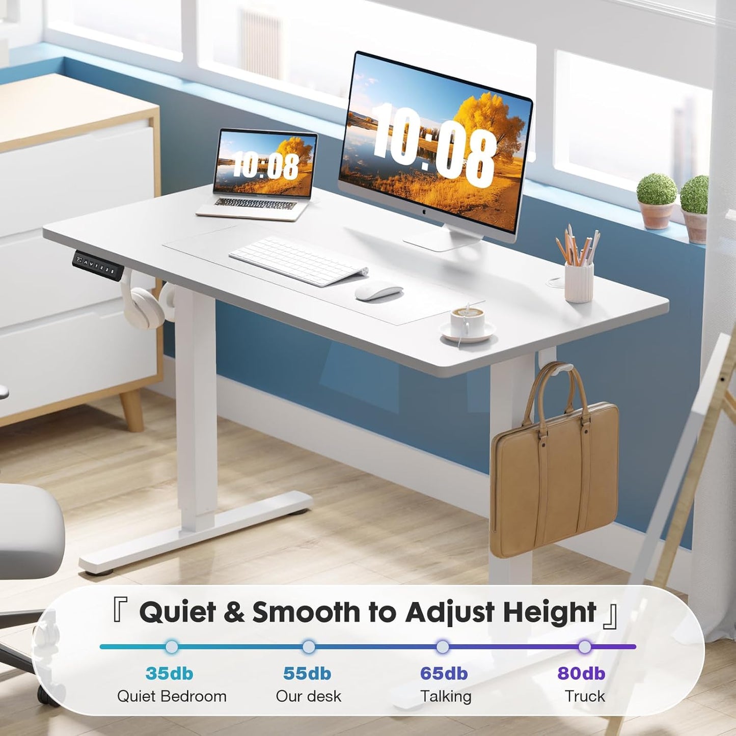 Sweetcrispy Electric Standing Desk Adjustable Height, 48x24 Inch Sit Stand Up Home Office Desks Computer Workstation PC Work Table with 3 Memory Preset Splice Wood Board Metal Frame, White