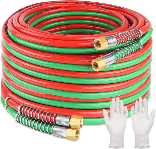 Boltigen 50 Feet Oxygen Acetylene Hose, 1/4inch Grade R Oxy Acetylene Torch Hose with Brass 9/16''-18 LH/RH B Fittings, Stainless Steel Spring Ends Twin Welding Cutting Torch Hose Reel