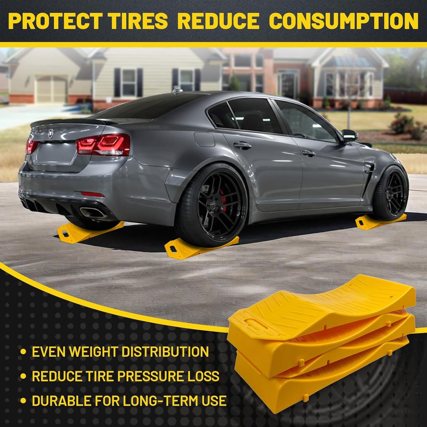 4 Packs Tire Saver Ramps, Non-Slip Prevent Flat Spots Caused by Long Parking, Flat Tire Prevention Tire Ramps, Quality Portable Handle Design for Easy Movement Suit for Cars RV Camper Trailer