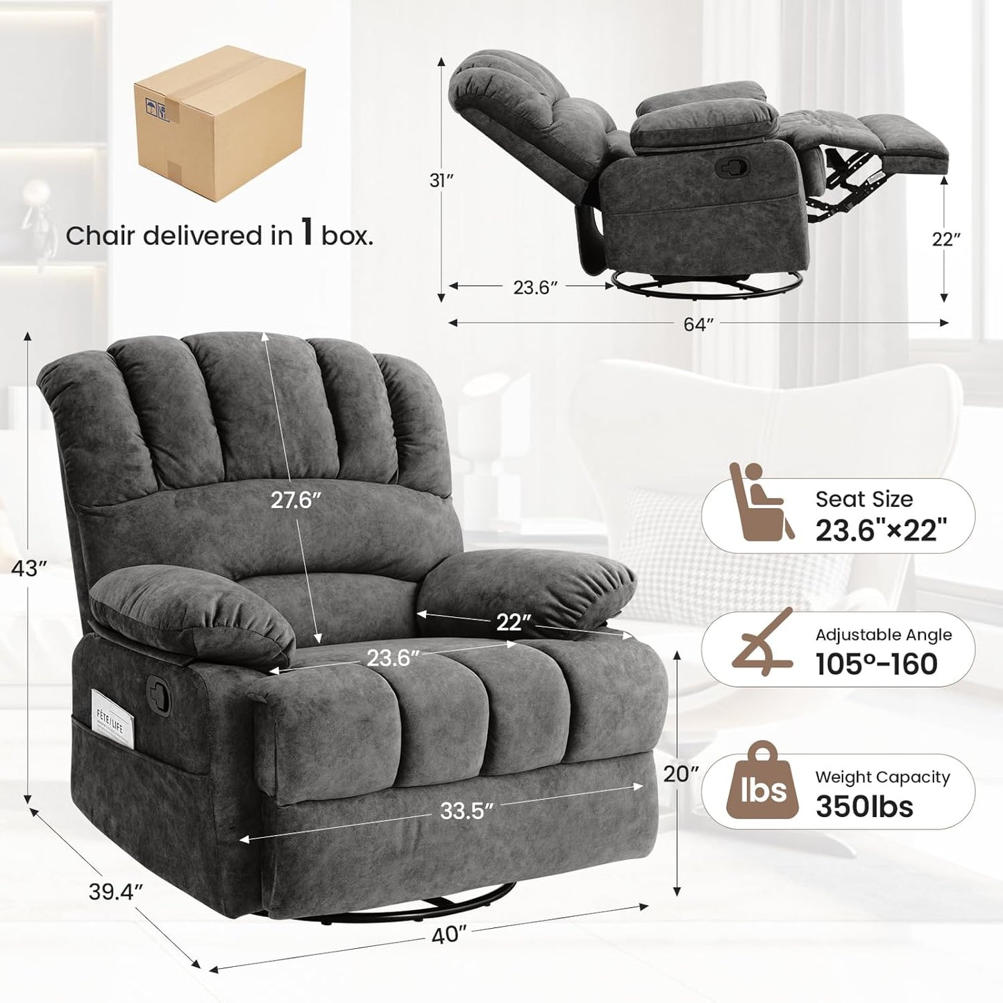 40" Oversized Swivel Rocker Recliner Chair for Big and Tall,Manual Glider Lazy Rocking Chairs for Living Room,Extra Wide Seat,High Back,Large Footrest,360 Swivel(Gray)