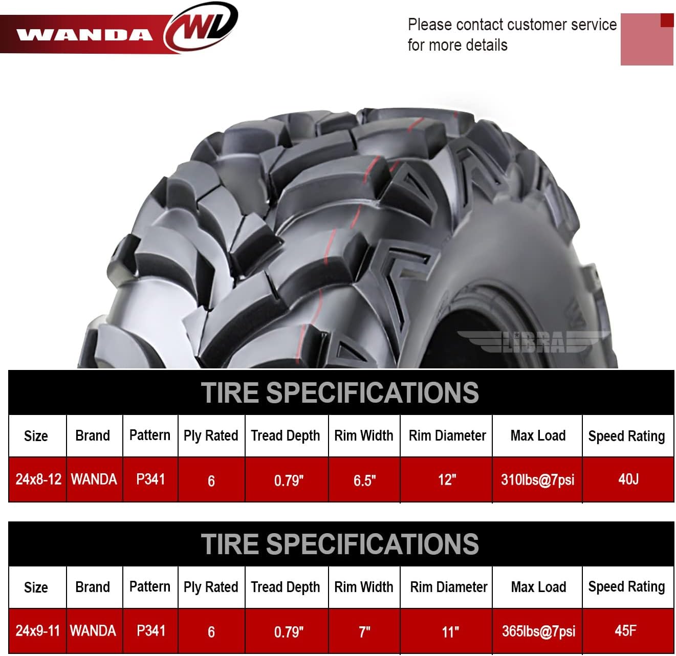 WANDA Set 4 ATV tires 24x8-12 & 24x9-11, Fit for 00-06 Honda Fourtrax Rancher TRX350FM 350 4X4, Load Capacity- 365 Pounds