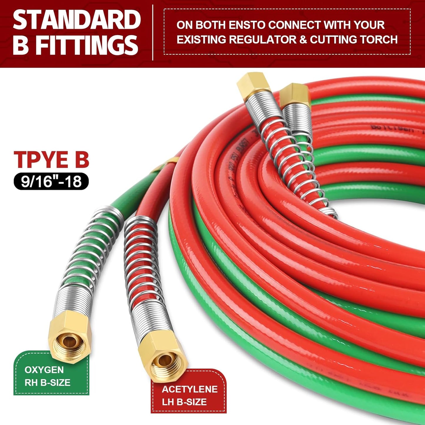 Boltigen 50 Feet Oxygen Acetylene Hose, 1/4inch Grade R Oxy Acetylene Torch Hose with Brass 9/16''-18 LH/RH B Fittings, Stainless Steel Spring Ends Twin Welding Cutting Torch Hose Reel
