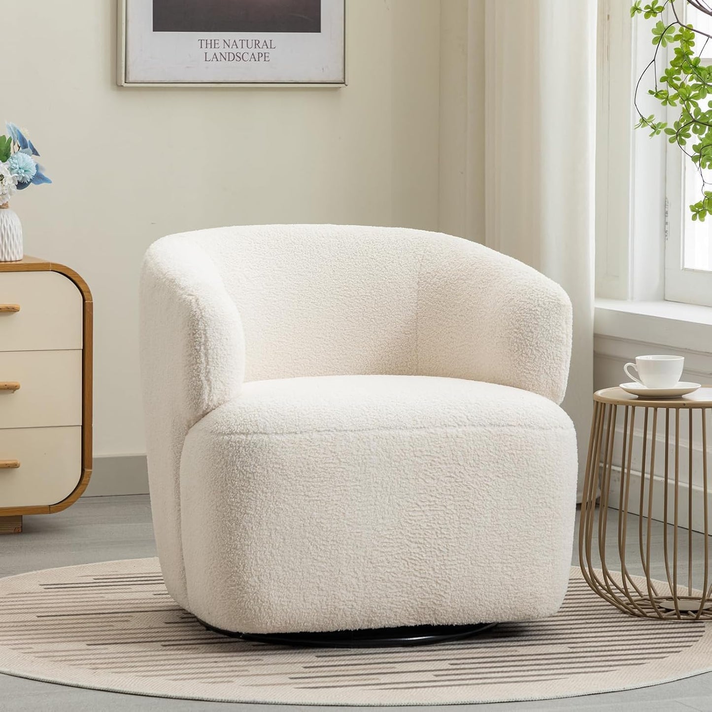 Swivel Accent Chair Set of 2, Sherpa Teddy Barrel Chair for Living Room, Cozy Round Boucle Arm Chair, Metal Base for Club Nursery Bedroom, Beige Cream White