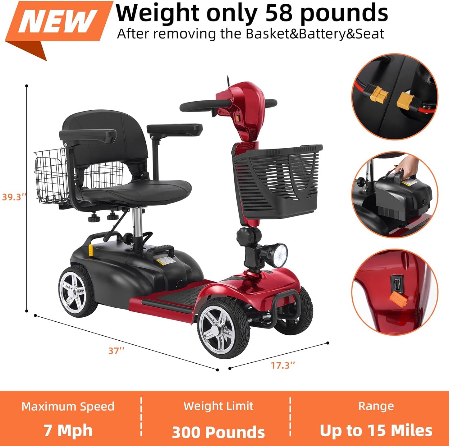 15/30 Miles 4 Wheels Mobility Scooter for Adults&Seniors Up to 300LBS, 350W Electric Powered Wheelchair Device w/Extended Battery, Dual Baskets, Rotating Seat, USB Charging
