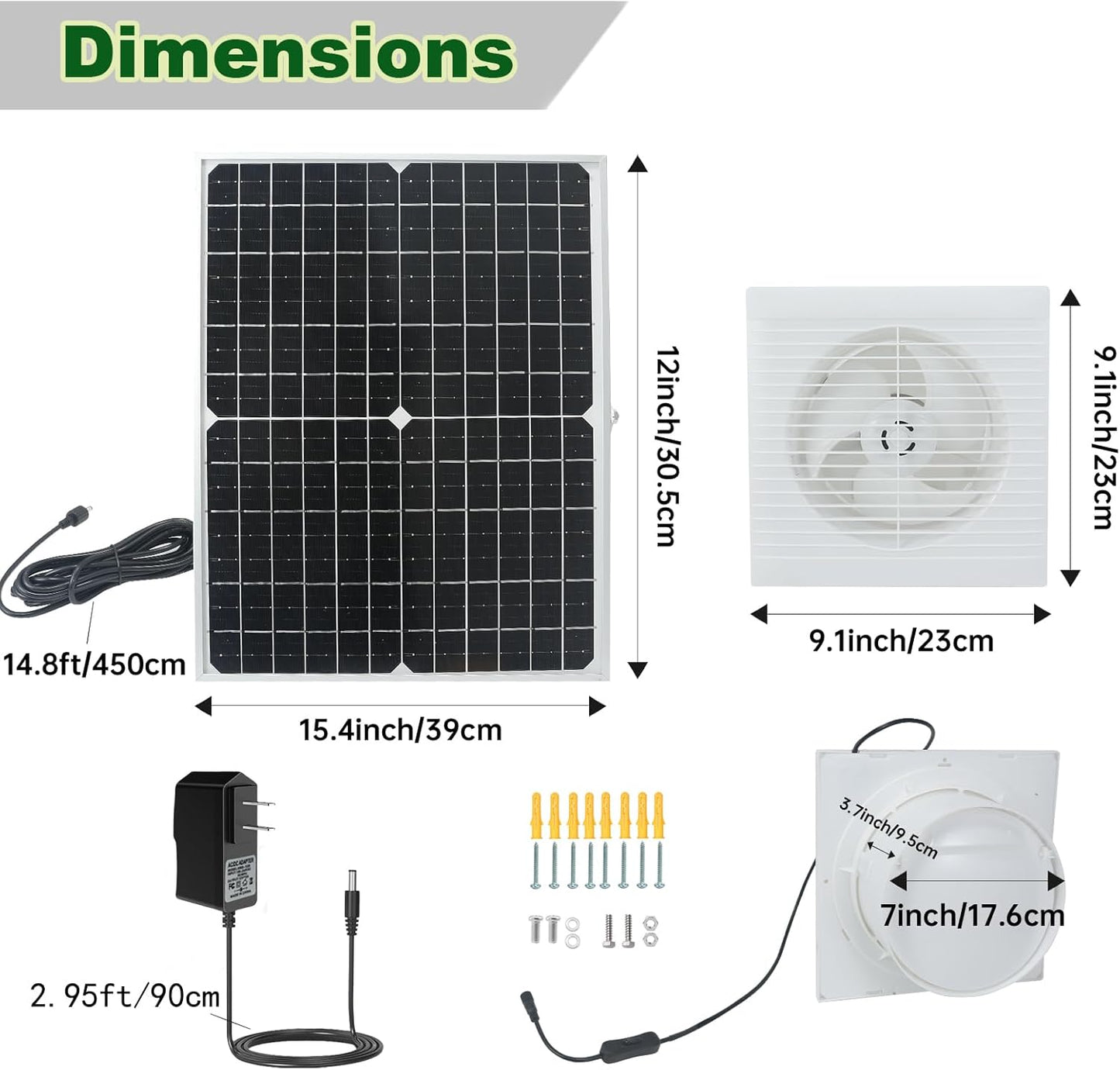 Solar Powered Fan, 9.1" Solar Exhaust Fan Kit, 25W Waterproof Chicken Coop Fans with 14.8Ft On/Off Switch Cable & Power Adapter, Cooling Ventilation for Greenhouse, Shed, Outside, Garages, Dog House