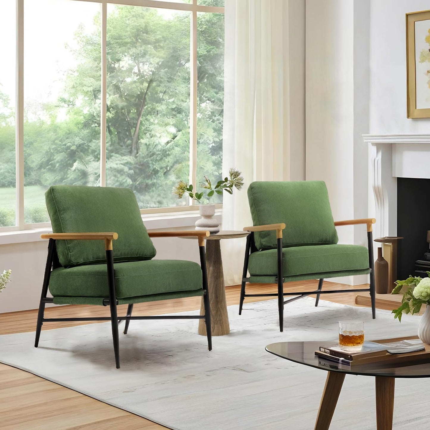 Accent Chair, Upholstered Chenille Living Room Chair with Metal Frame, Mid Century Modern Reading Lounge Sofa Armchair with Removable Cushion for Living Room, Bedroom, Office (Green, Set of 2)
