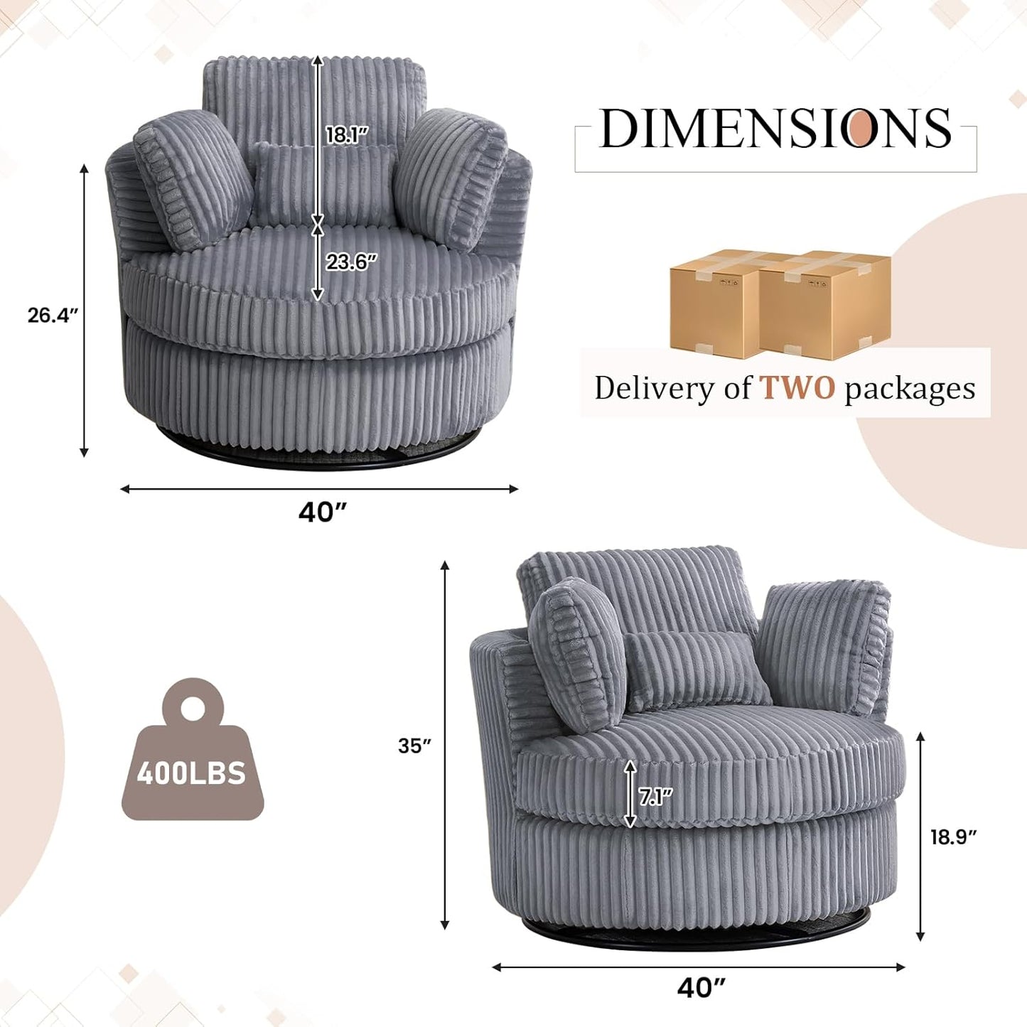 40" W Modern Grey Swivel Barrel Chair with 360° Round Metal Base & Plush Corduroy Pillows & Thick Cushion, Comfy Large Accent Chaise Longue for Living Room, Bedroom Club Reading Armchair (Gray)