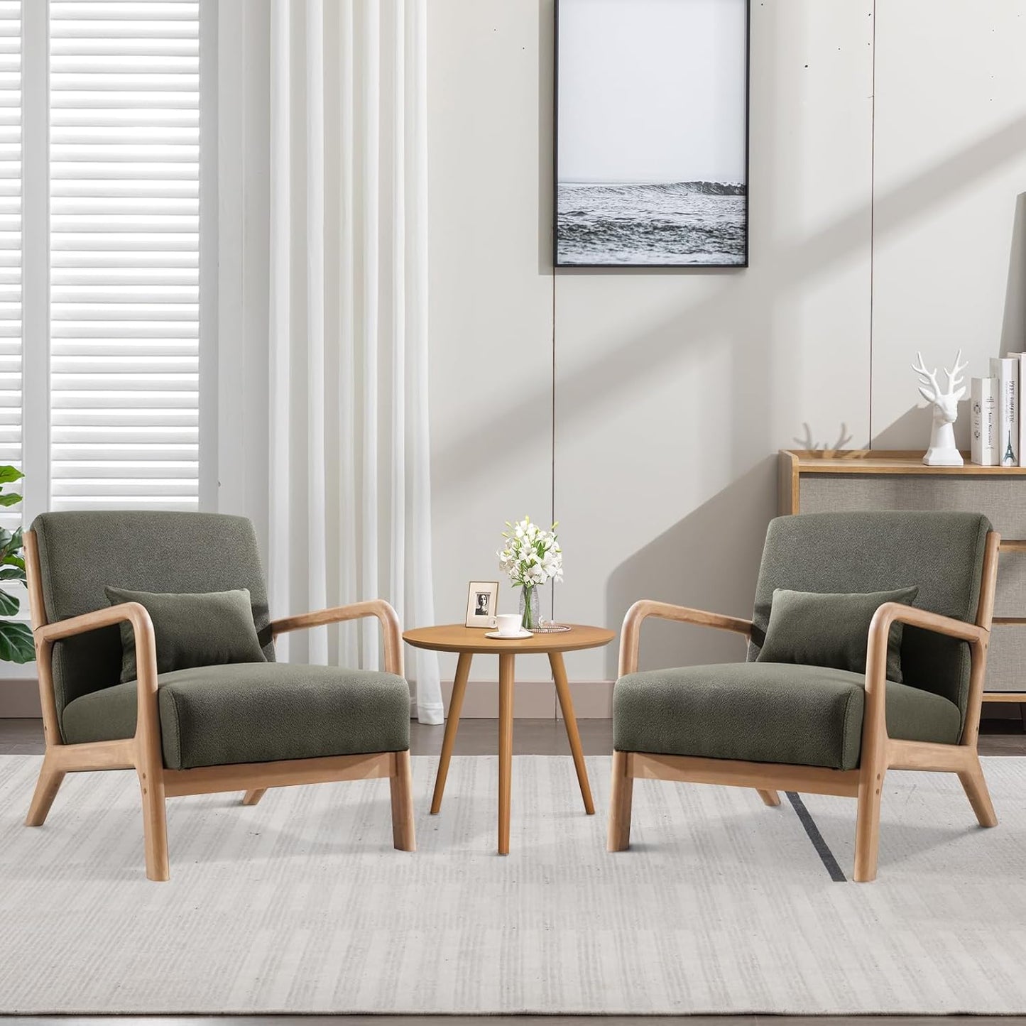 ANJ Modern Arm Chairs Set of 2, Mid-Century Modern Accent Chair Upholstered Lounge Chair with Pillow and Solid Wood Frame, Comfy Lambswool Chairs for Living Room