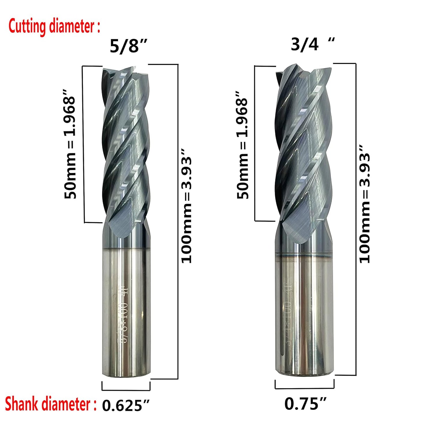 5pcs 1/4”, 3/8”, 1/2”, 5/8”, 3/4” Carbide Square End Mill, HRC 45 Deg Single End 4 Flute AlTiN Coating Mill Bits (5pcs End Mill Set)