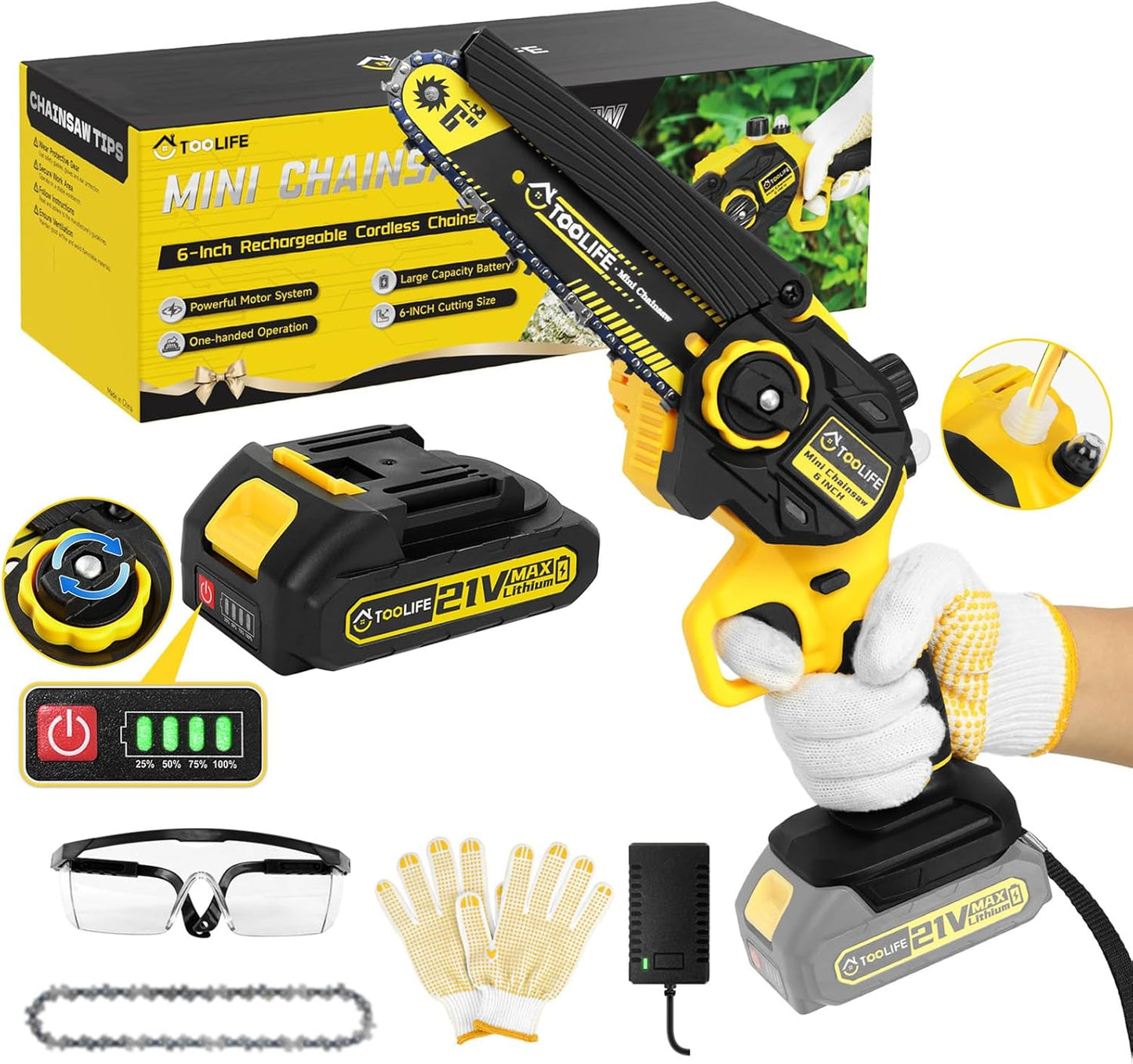 TOOLIFE Mini Chainsaw 6inch, Handheld Electric Battery Powered Chain Saw for Tree Cutting, Gardens Yard Tools for Men Husband Dad,Anniversary Mens Gifts over 50 60, Birthday Gift Ideas