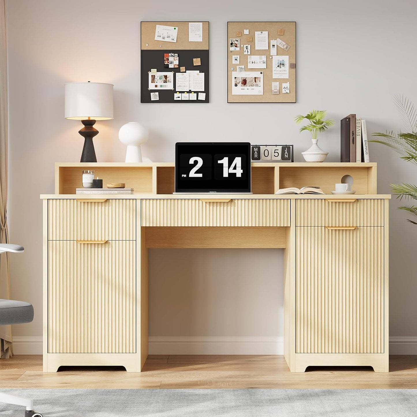 59" Executive Desk, Fluted Office Desk with Power Outlets Long Monitor Stand, Large Home Office Desks with 3 Drawers & 2 Storage Cabinet, Computer Writing Desk for Study Bedroom, White