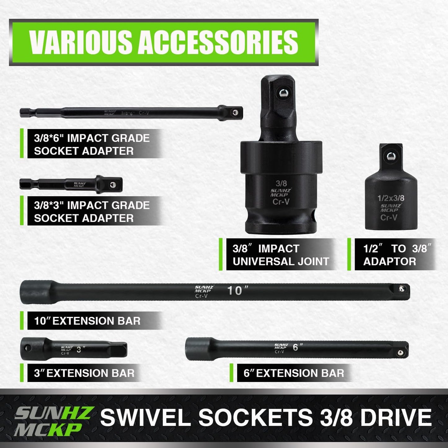 SUNHZMCKP 3/8" Drive Impact Socket Set, 52 Piece Standard SAE (5/16-3/4 inch) and Metric (8-22mm) Shallow & Deep Sockets, Adjustable Ratchet Handle, Extension Bars, Adapters, Universal Joint, CR-V