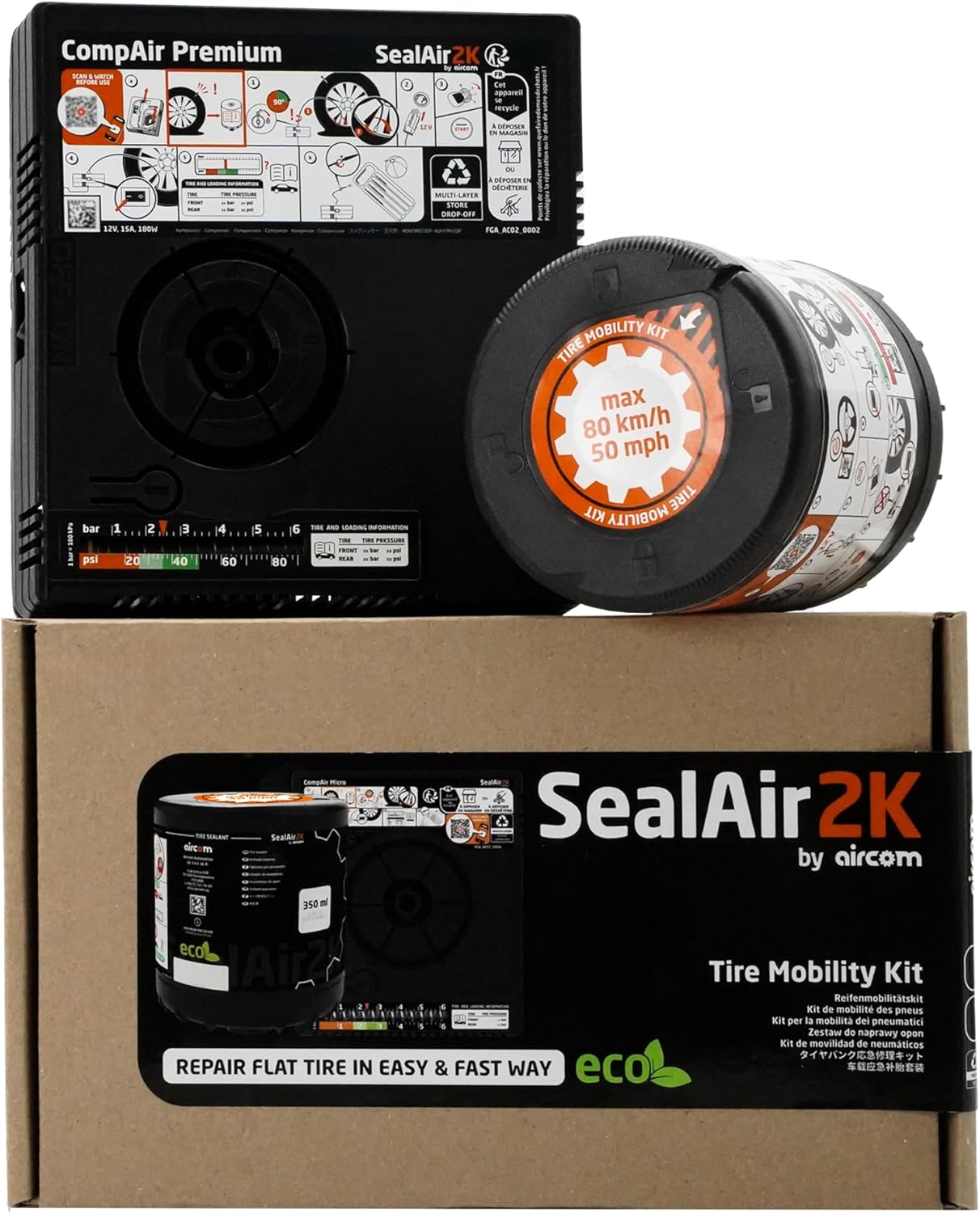 Automobile Tire Mobility Kit by Aircom, Emergency Tire Puncture Repair, 5903707591084, Direct OEM Replacement for Many luxury and Major Vehicle Manufacturers Tire puncture Kits.