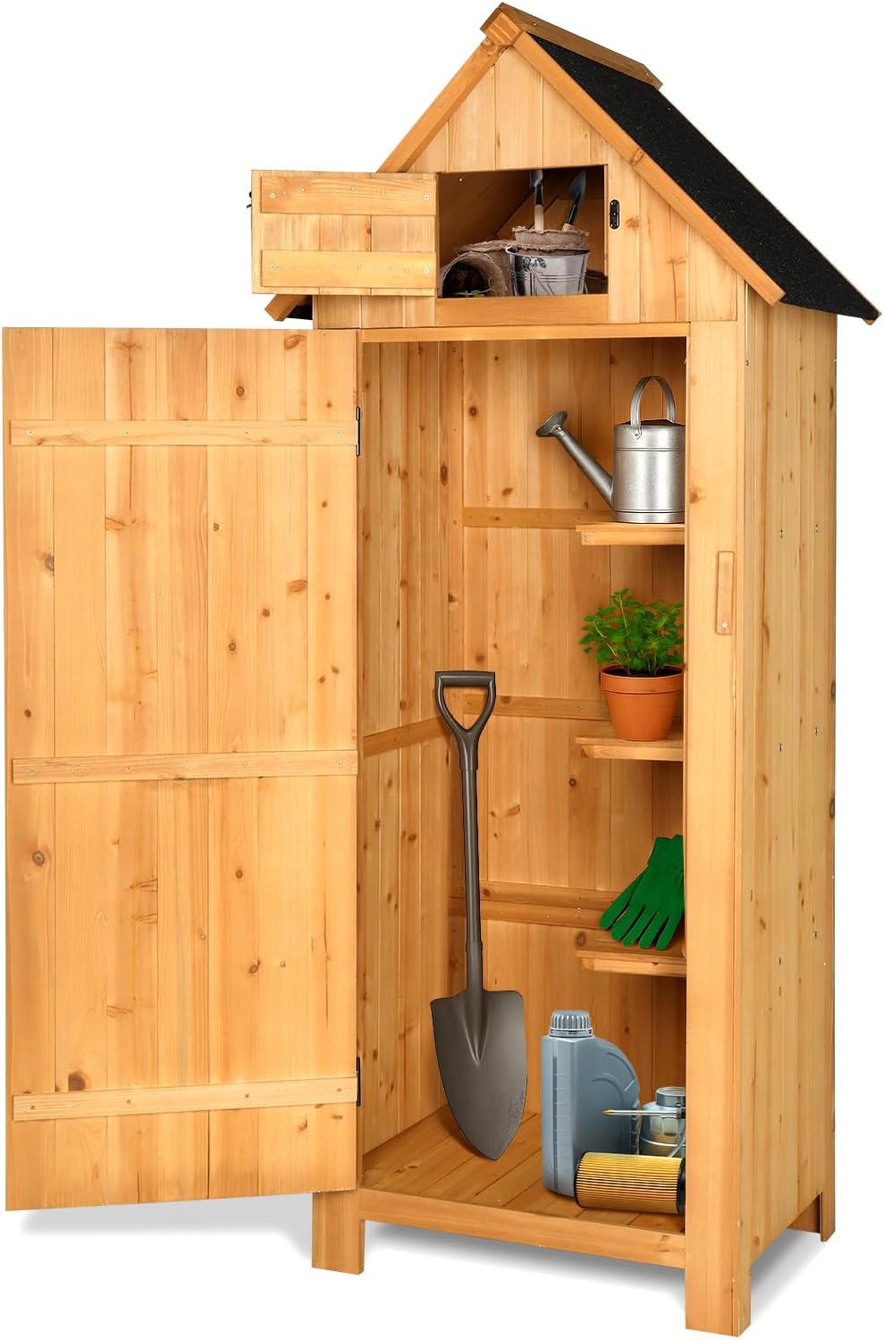 VINGLI Outdoor Wooden Storage Shed, Garden Shed Outside Tool Cabinet with Safety Latch, Patio Storage Organizer (Dark Grey)