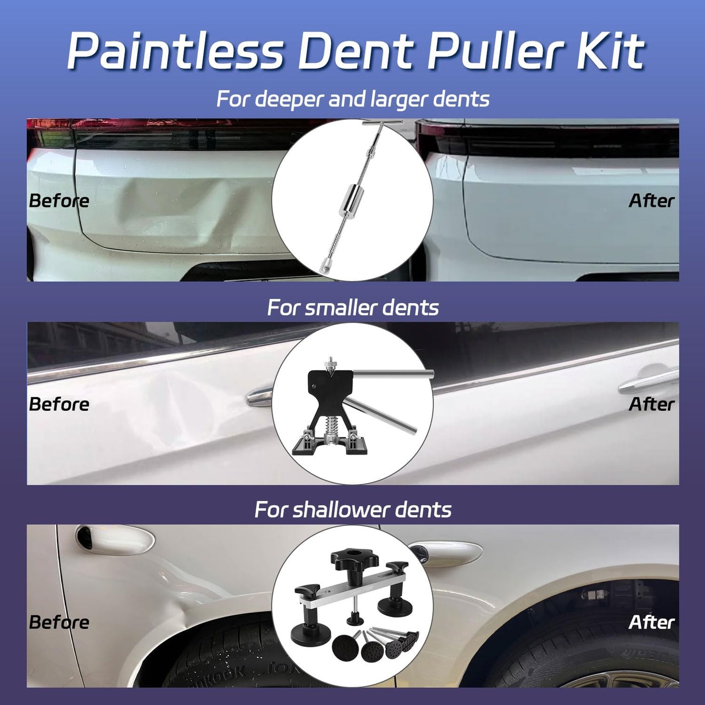 VEXTRO Dent Puller Kit, Paintless Dent Repair Tools with Dent Lifter, Bridge Puller, Slide Hammer T-Bar, PDR Car Dent Removal Kit with Glue Gun and Tabs for Auto Body Hail Damage
