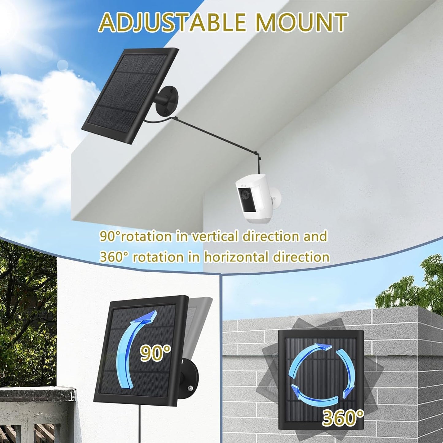 Solar Camera Outdoor Wireless for Ring Solar Panel 10FT/3M Cable for Ring Camera Solar Panel for Ring Spotlight Cam Plus/Pro & Stick Up Cam/Pro Battery & Spotlight Cam Battery-3-Pack