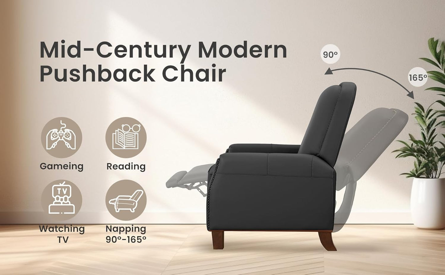 Simple Deluxe Mid-Century Modern Pushback Chair, Faux Leather Recliner Chair for Bedroom, Adjustable Single Upholstered Sofa with Brass Nailhead Trim, Recliners Armchair for Living Room, Black