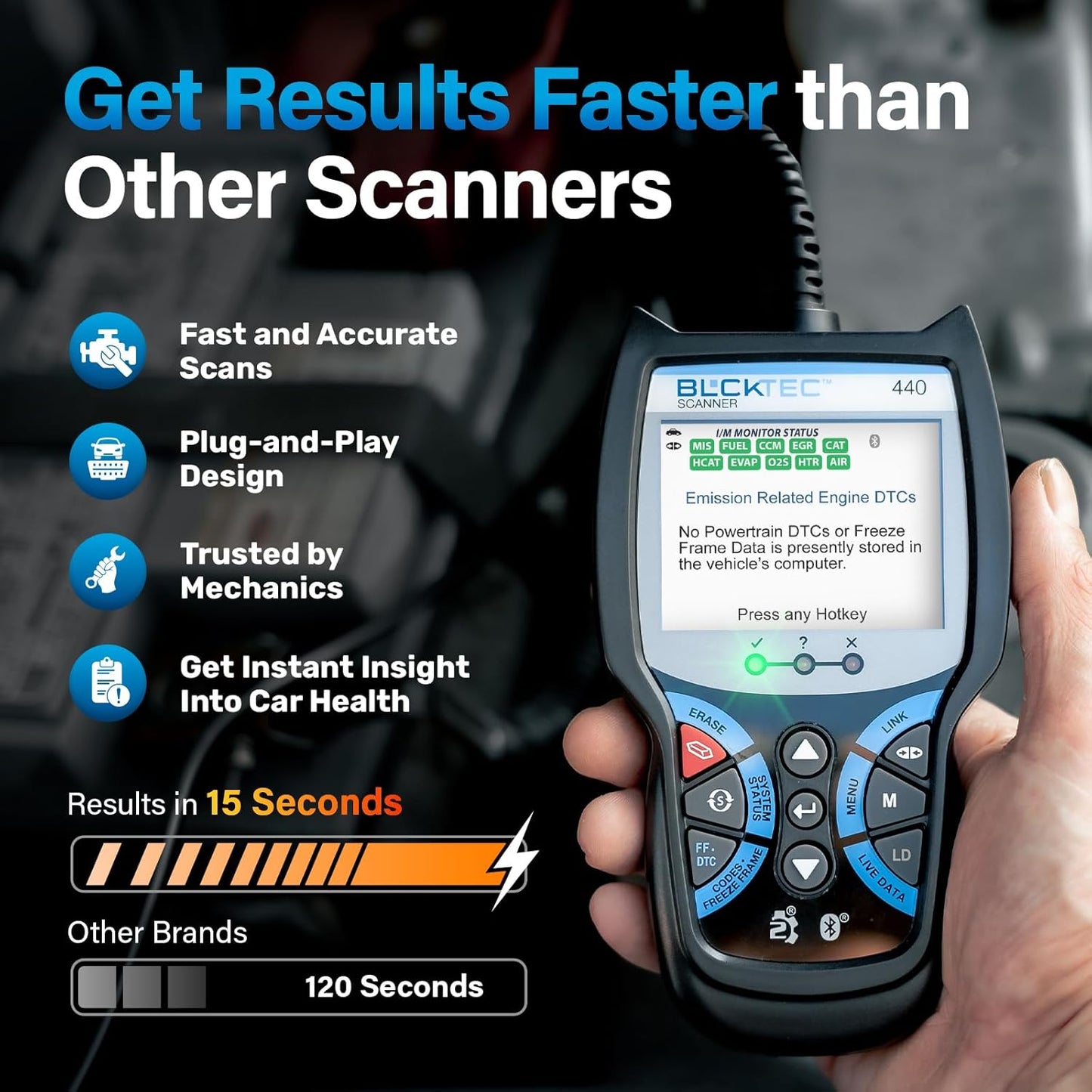 BLCKTEC 440 Bluetooth OBD2 Scanner Diagnostic Tool - Car Code Reader and Scanner for Car - Comes with Live Data - Battery/Charging System Test - Works for All OBD Compliant Cars 1996 & Newer