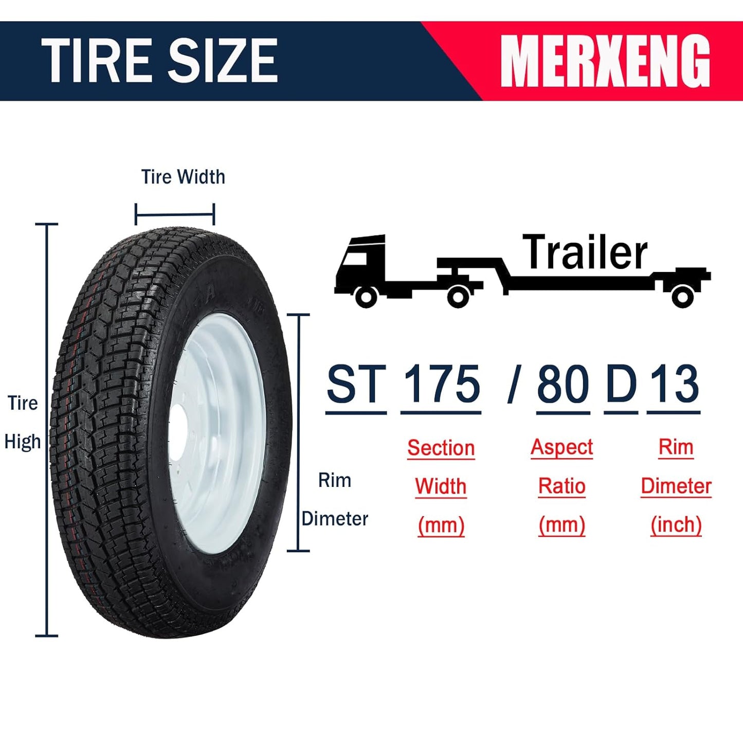 Trailer Tires Rims ST175/80D13 175 80 13 Tire, 5 Lug on 4.5", White Spoke Wheel Load Range C, 6 PLY, Set of 2