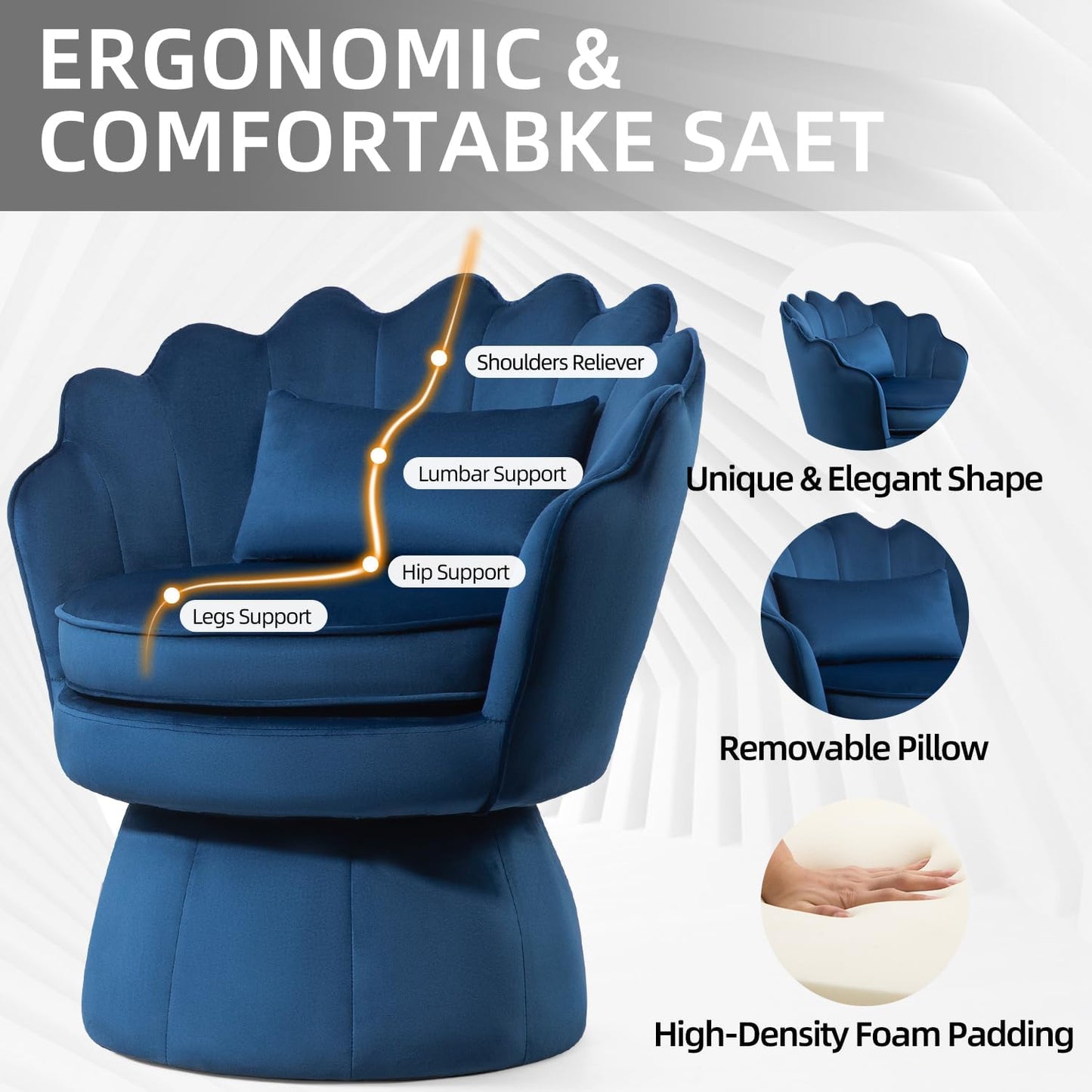Swivel Barrel Chairs Set of 2, Small Accent Armchair, Navy Blue Velvet Upholstered, Mid-Century Modern Style, for Living Room/Bedroom/Waiting Room, for Relaxing & Reading, Pillow Included
