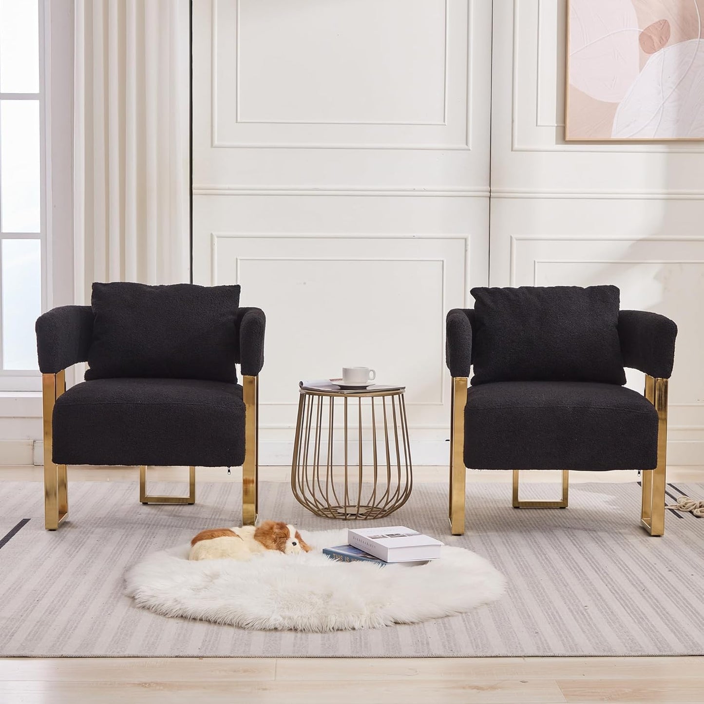 Teddy Velvet Sofa with Square Legs and Gold Feet Suitable for Decorative Chair in Living Room Reading Chair Medieval Modern Sofa Chair with Pillows(Pink Teddy Velvet 2PC)