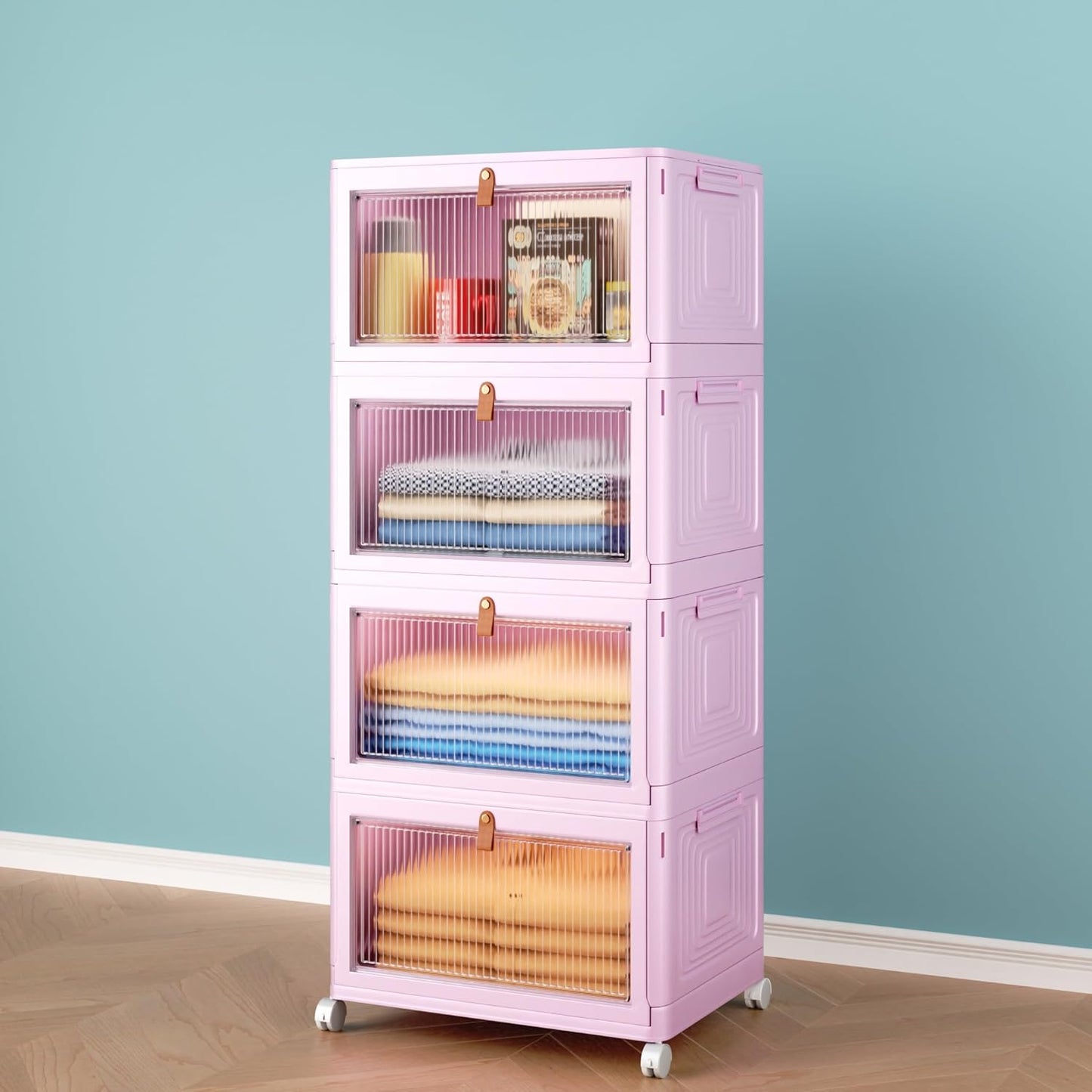 4 Tier Storage Bins with Lids, 23QT Stackable Closet Organizers and Storage with Wheels, Collapsible Storage Boxes, Foldable Plastic Storage Containers for Home,Office, Dorm Room-White