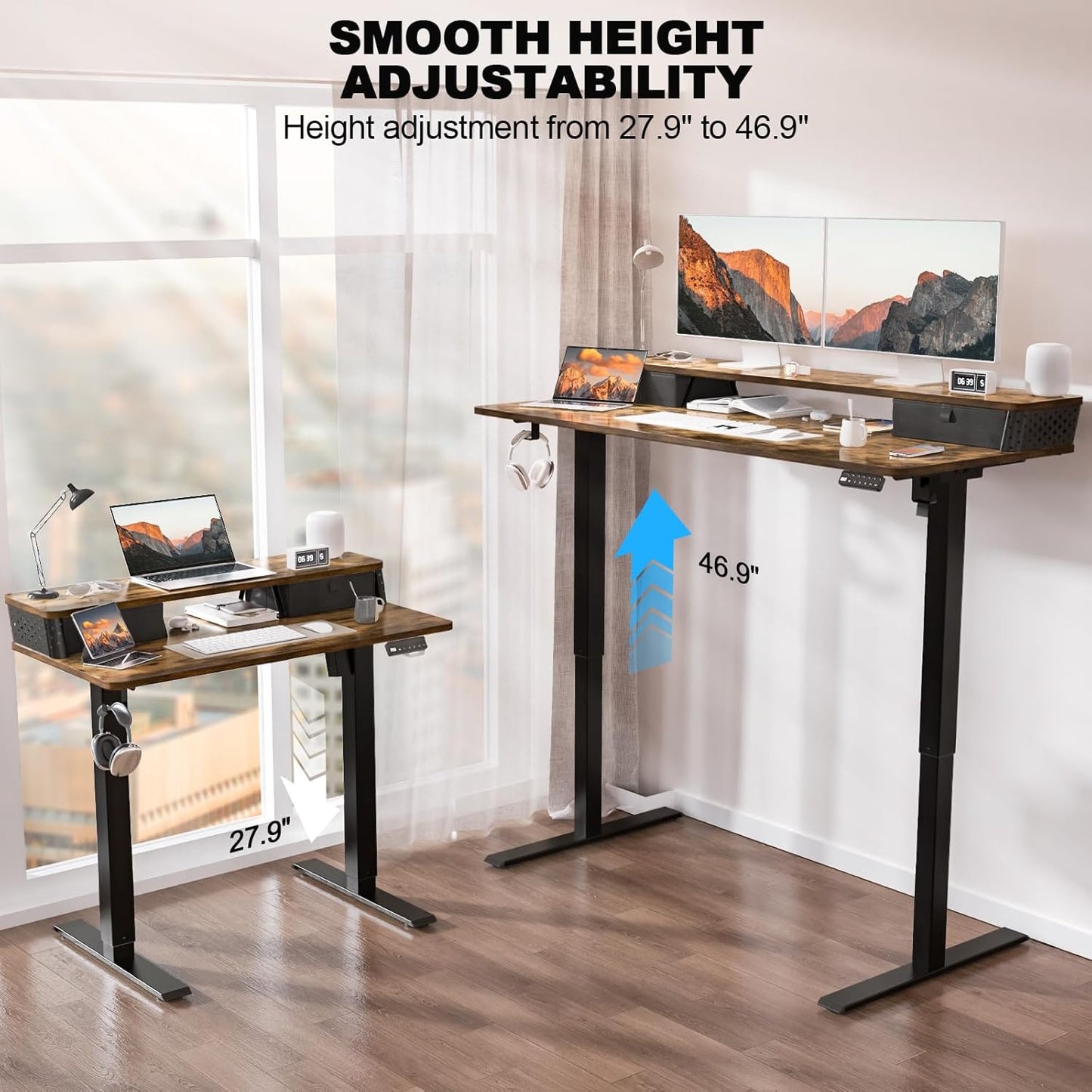 48"x 24" Standing Desk with Drawers, Easy Assembly Design, Adjustable Height Sit Stand Up Desk, Home Office Table with C-Clamp Mount Compatible, 3 Preset Heights & 2 Hooks(Rustic Brown)